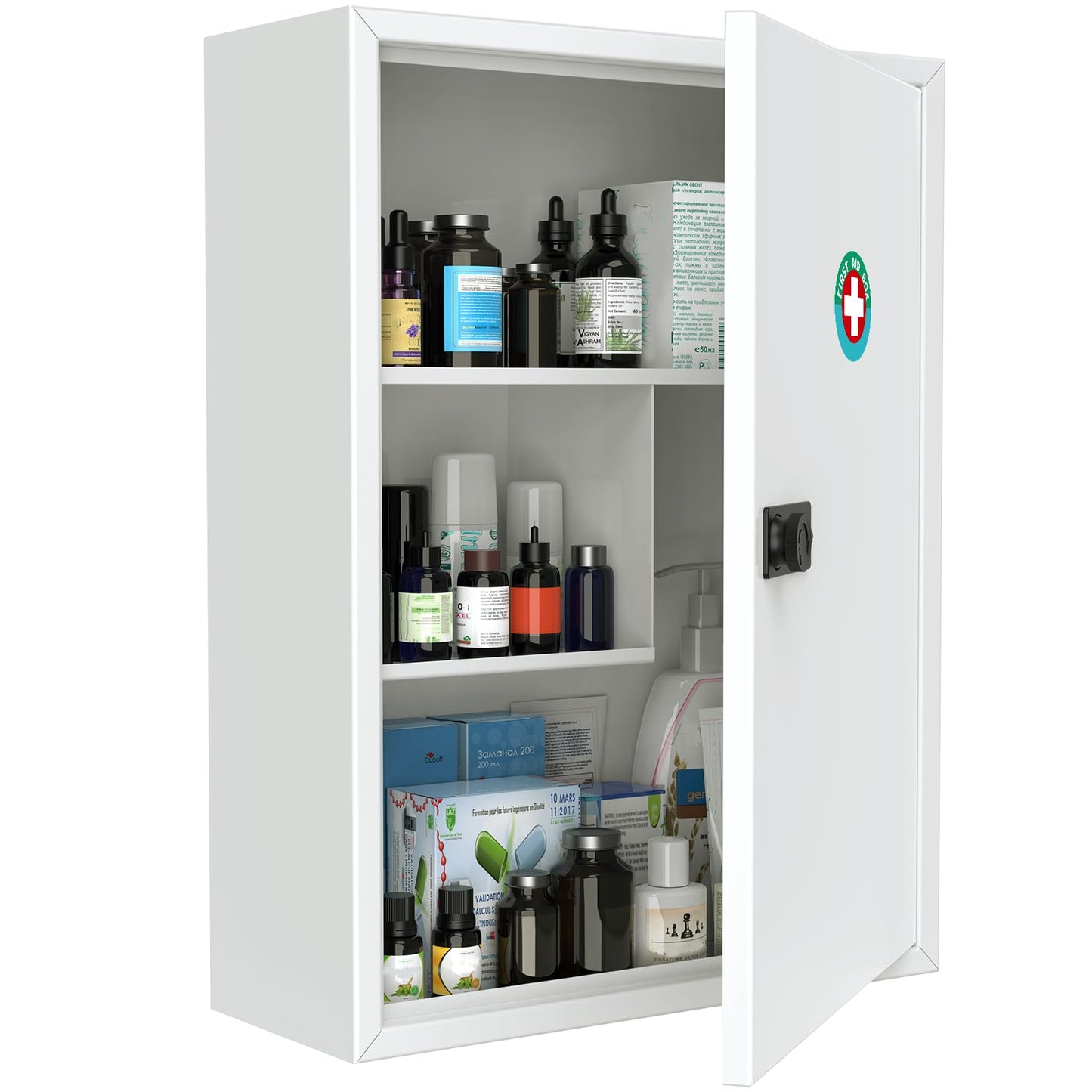 Uniclife Wall Mount Medicine Cabinet with Combination Lock, Locking First Aid Cabinet, Lockable Medical Cabinet, Large Capacity Medicine Organizer,