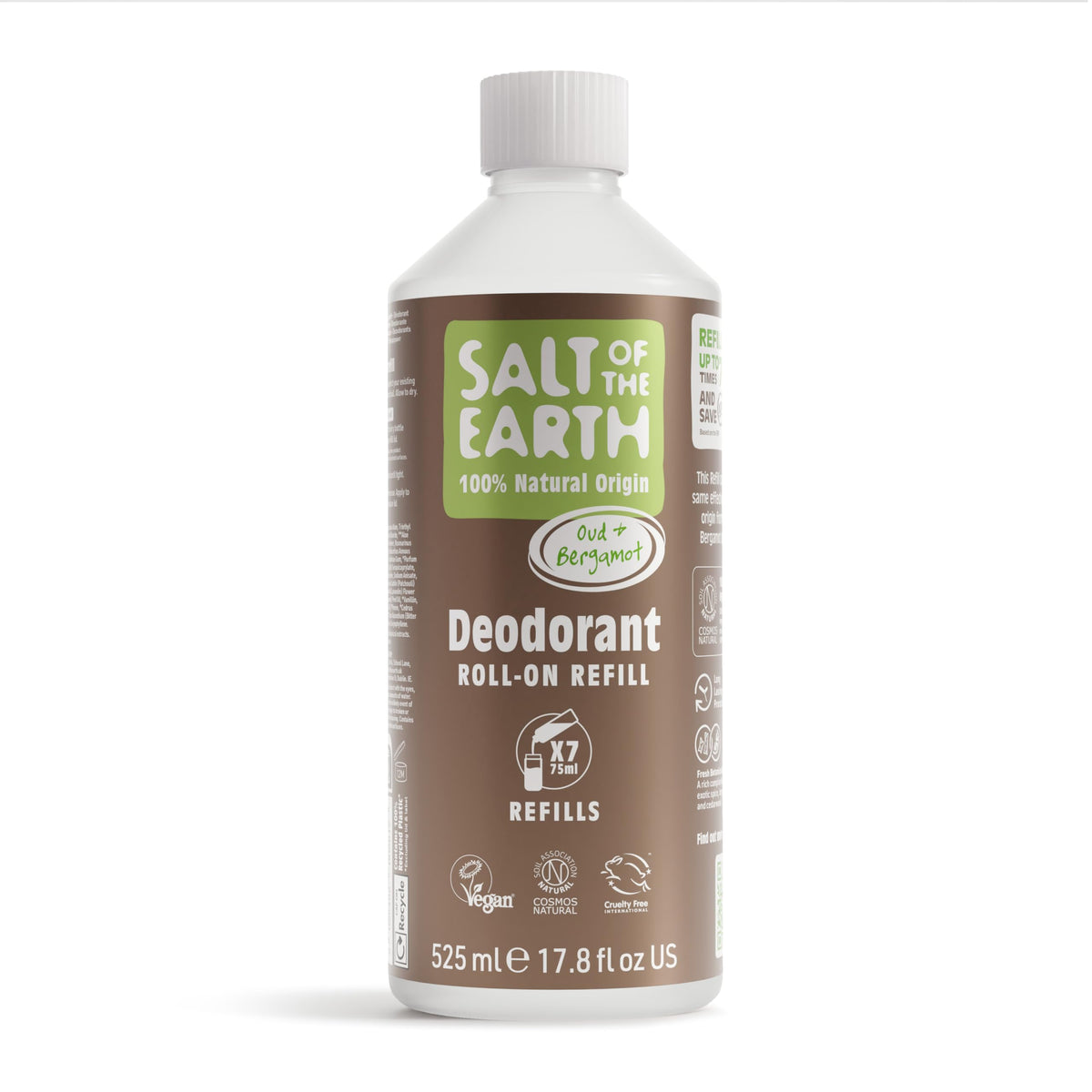 Salt of the Earth - Natural Deodorant Roll on Refill - x7 Uses - Oud & Bergamot -100% Natural Origin Ingredients - Vegan - Suitable for Men, Women &
