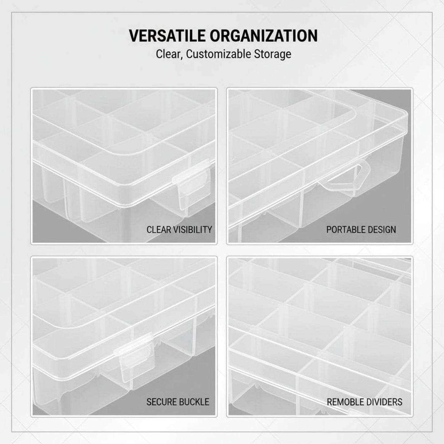2 Pcs 36 Grid Plastic Craft Storage Box with Removable Adjustable Dividers, Transparent Organizer Container with Secure Buckle Lids