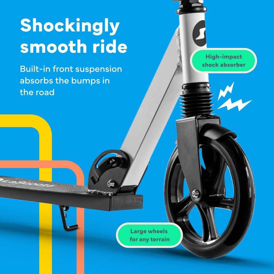 LaScoota Foldable Adult Scooter - Also Great as a Scooter for Kids Ages 8-12 & Teenagers 11-15 - Big 200mm Wheels - Kick Scooters With Shock