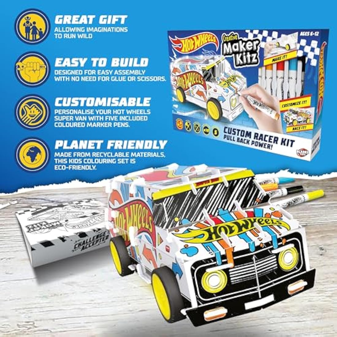 BLADEZ Hot Wheels Custom Super Van, DIY Van, Make Your Own/Build Your Own, Pull Back Vehicle for Kids, Customisable with pens and Stickers, Creative Maker Kitz Toyz