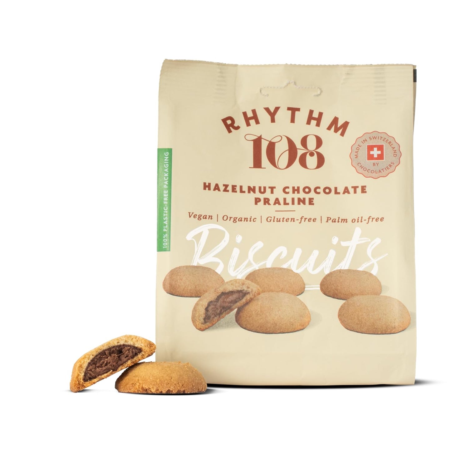 RHYTHM 108 Swiss Vegan Hazelnut Chocolate Praline Biscuit Share Bag 135g x 8