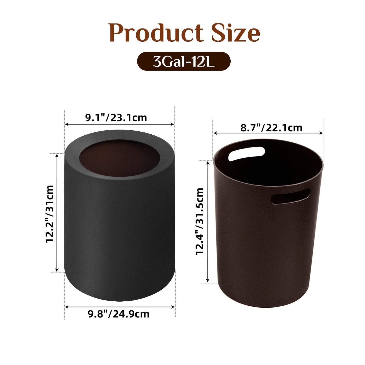 Black Bathroom Bin 12L With Inner Bucket, Hidden Bag Design, 2 Pack Modern Open Top Touchless Bathroom Can, Minimalist Plastic Bin for Bedroom