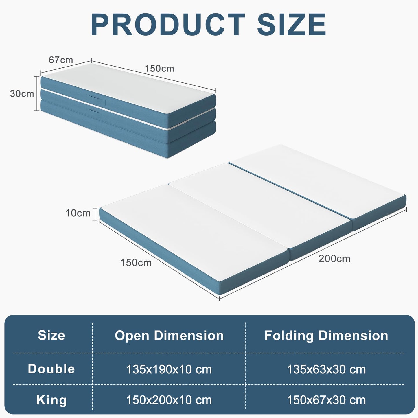 Folding Mattress Double, 4 Inch Tri-fold Floor Mattress (200x150x10cm)