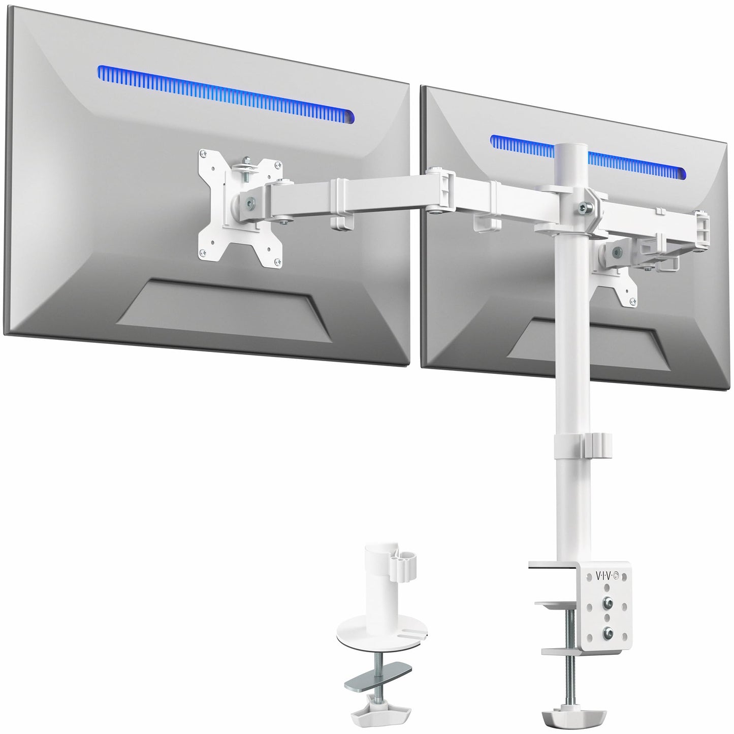 VIVO White Dual 13 to 27 inch LCD LED Monitor Desk Mount Stand with C-clamp and Bolt-Through Grommet, Heavy Duty Fully Adjustable Arms for 2 Screens