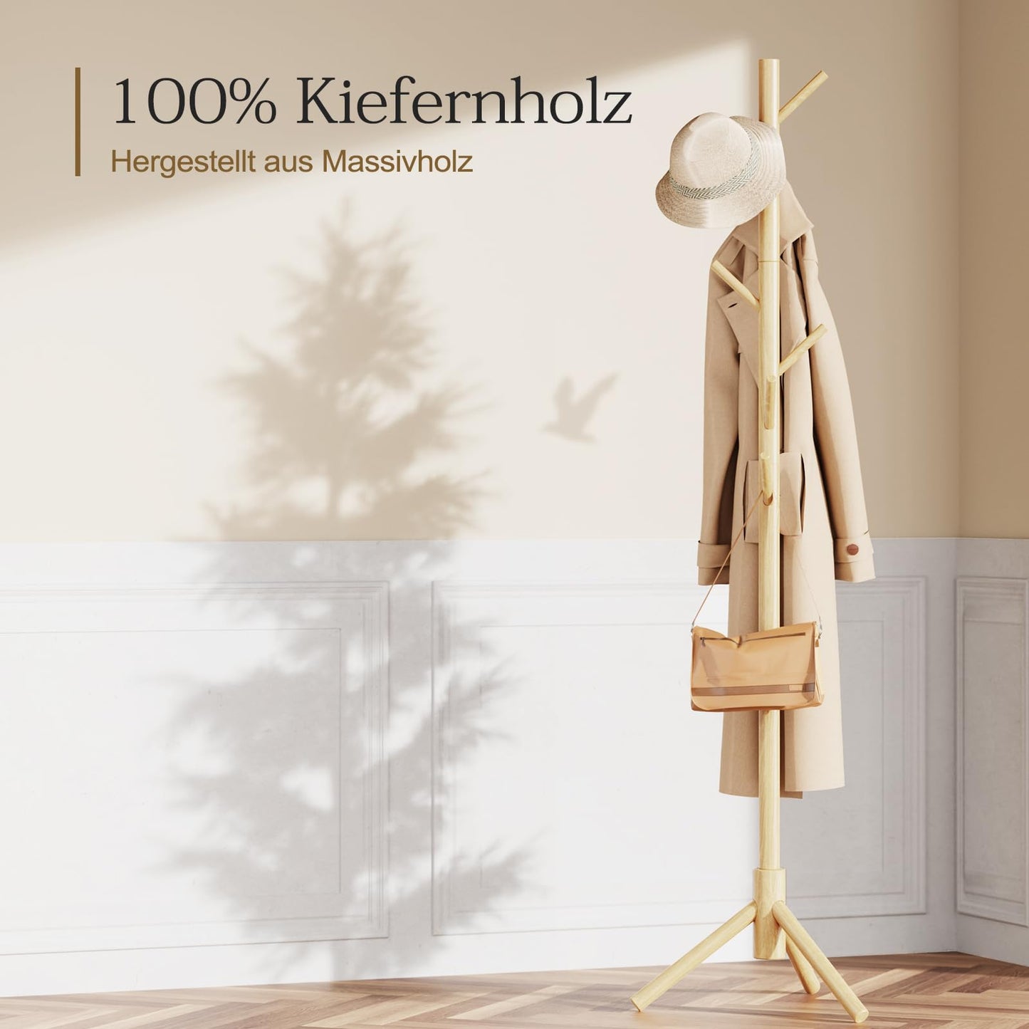 Pipishell Coat Rack, Wooden Coat Rack Stand with 3 Height Options and 8 Hooks, Sturdy Freestanding Coat Rack for Clothes/Bags/Hats, Coat Rack for