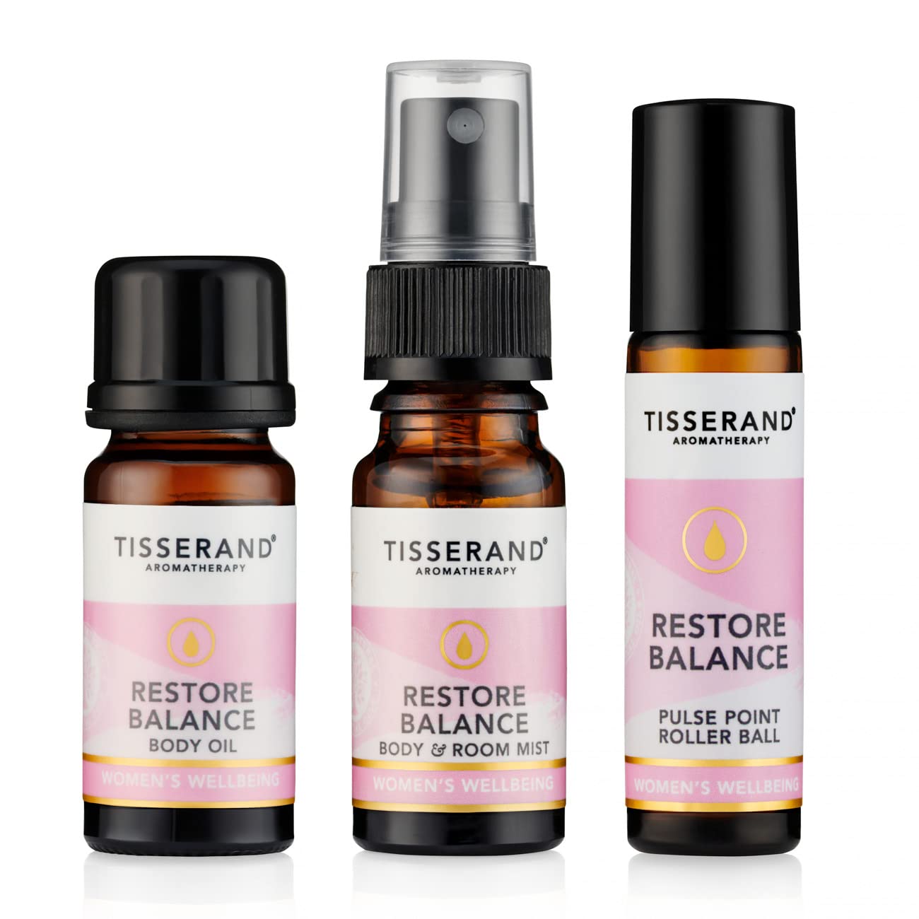 Tisserand - Restore Balance Discovery Kit - Roller Ball, Body Oil & Mist - Perimenopause, Menopause & Menstruation Support Women - Rose, Clary Sage &