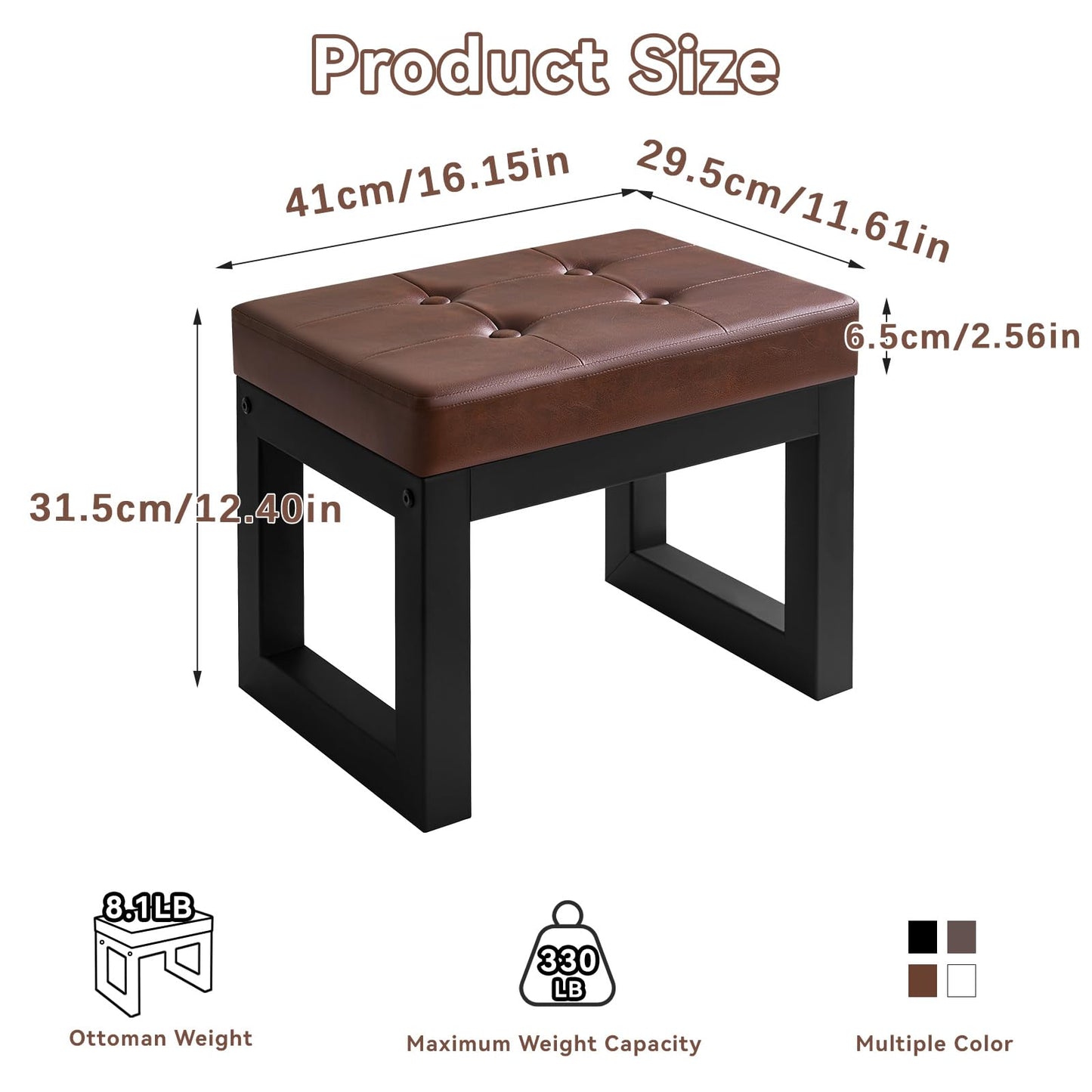 IBUYKE 16 Inch Small Foot Stool Ottoman, Rectangle PU Faux Leather Foot Rest with Padded Seat and Metal Legs