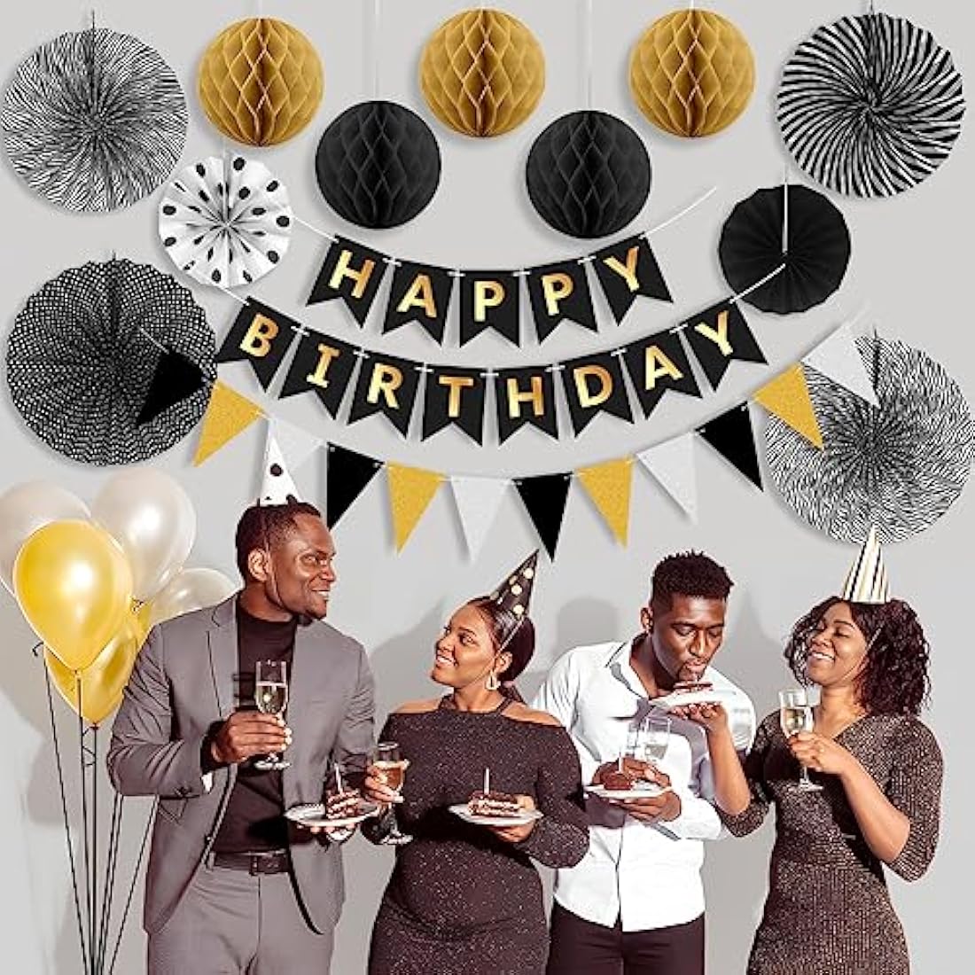 Black Gold Birthday Decorations Kit Reusable Mens Birthday Party Decorations Reusable Black & Gold Banner Bunting Honeycomb by Wonsta
