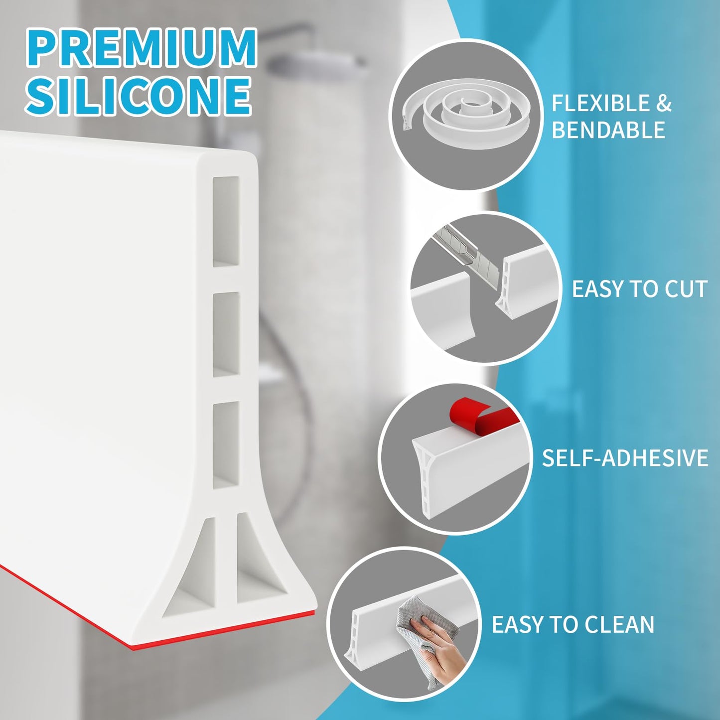 DLYYPLUS 3" High Collapsible Shower Threshold Water Dam 67"/1.7M Water Stopper Barrier Keeps Water Inside Threshold Dry and Wet Separation for