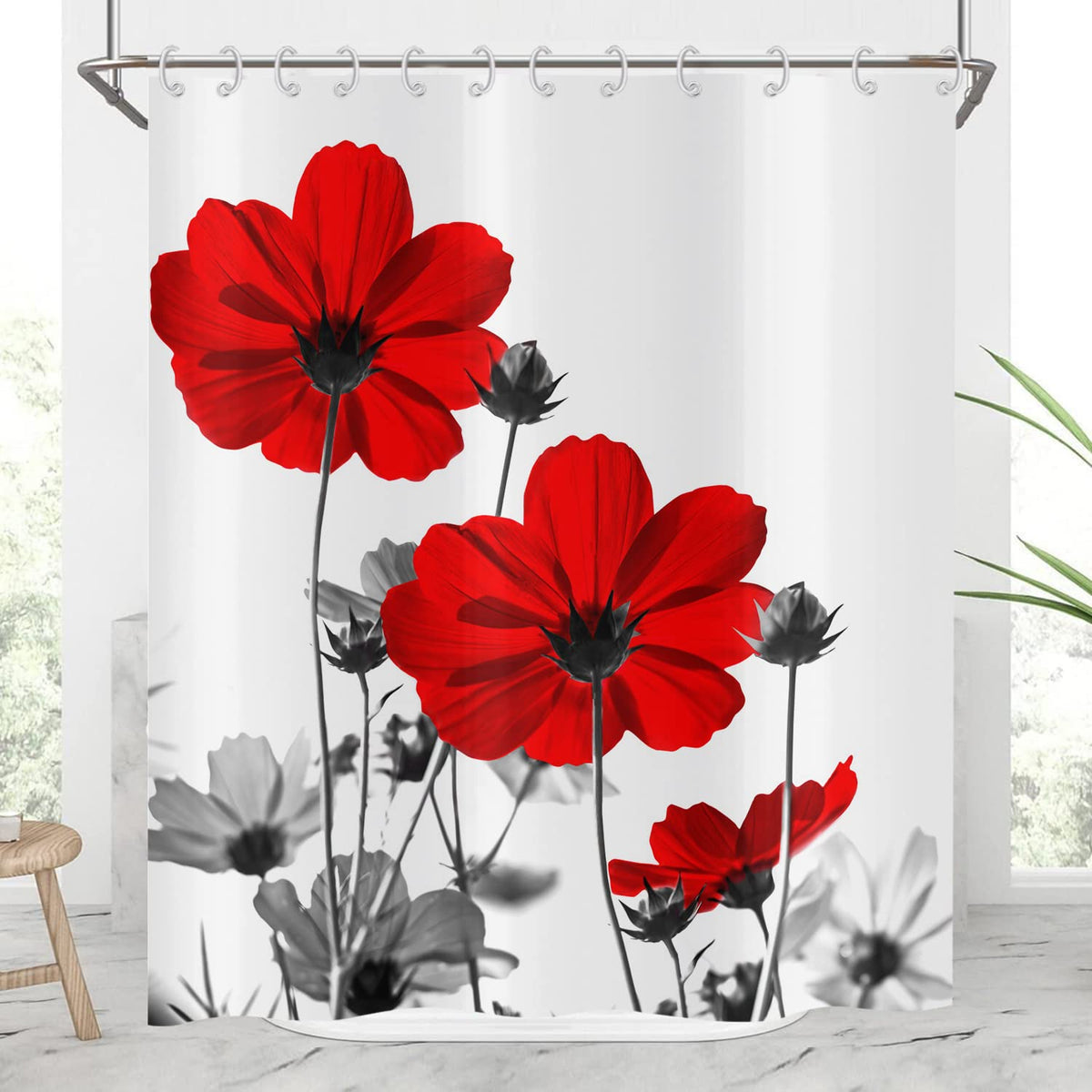 Hnmdmyi Floral Shower Curtain 180x180, Red and Grey Daisy Flower Elegant Wildflower Design Farmhouse Bathroom Curtains with Hooks Waterproof Polyester