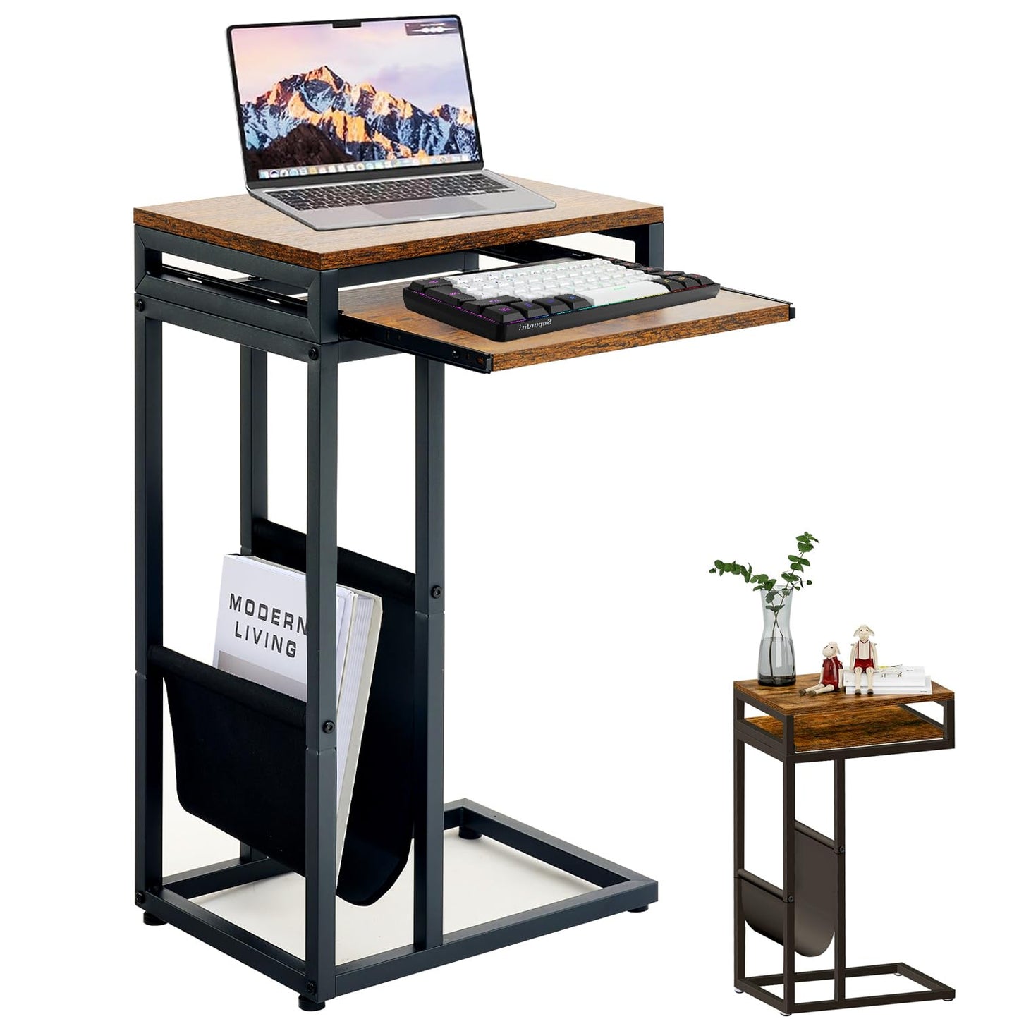 OYE C Shaped Side Table End Table, Industrial Sofa Table with Sliding Keyboard Rack, Laptop Desk for Sofa