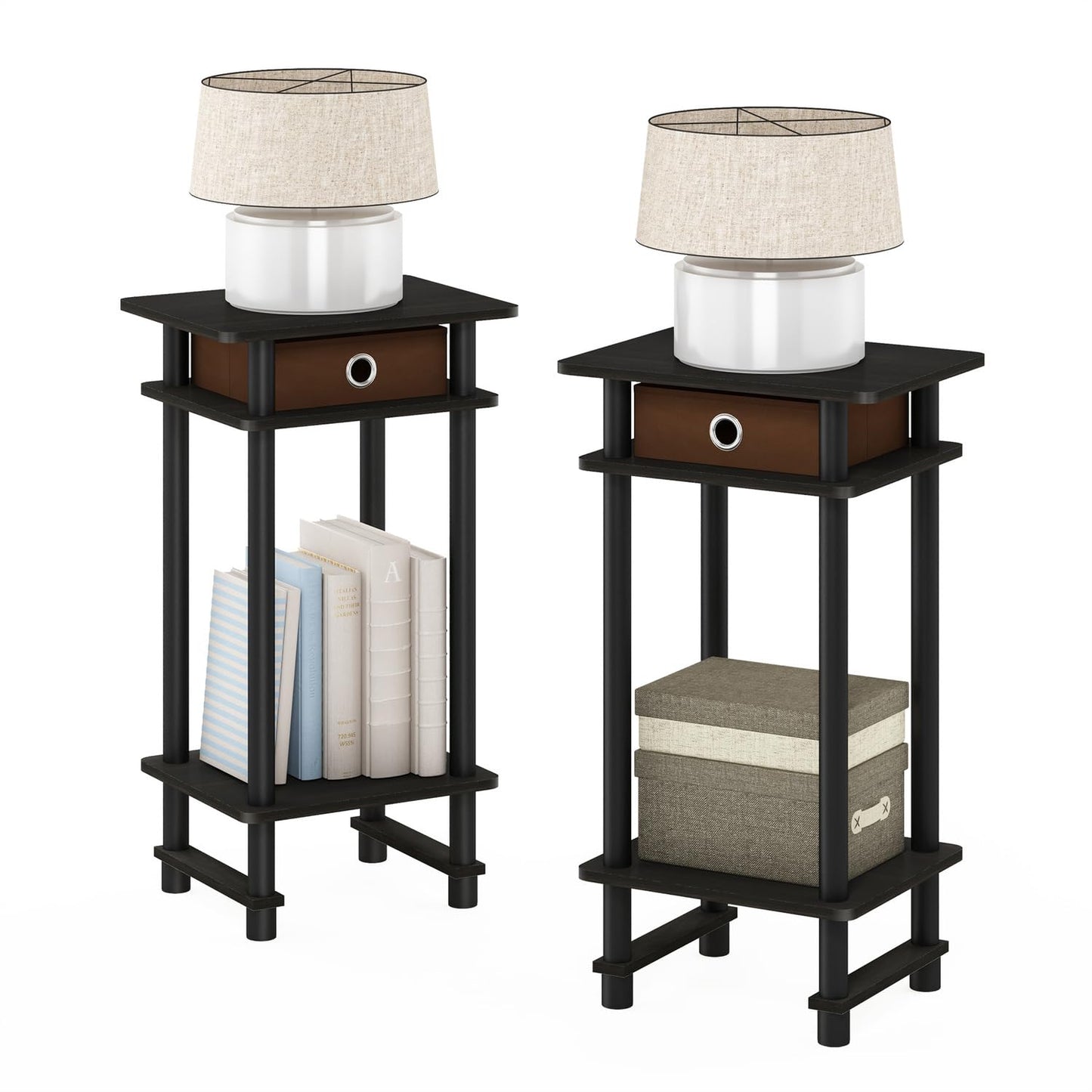 Furinno TURN-N-TUBE Night Stand Set of 2, 3-Tier Open Shelf Design Nightstand with Storage Bin, Tall Bedside Table, End Table, Side Table