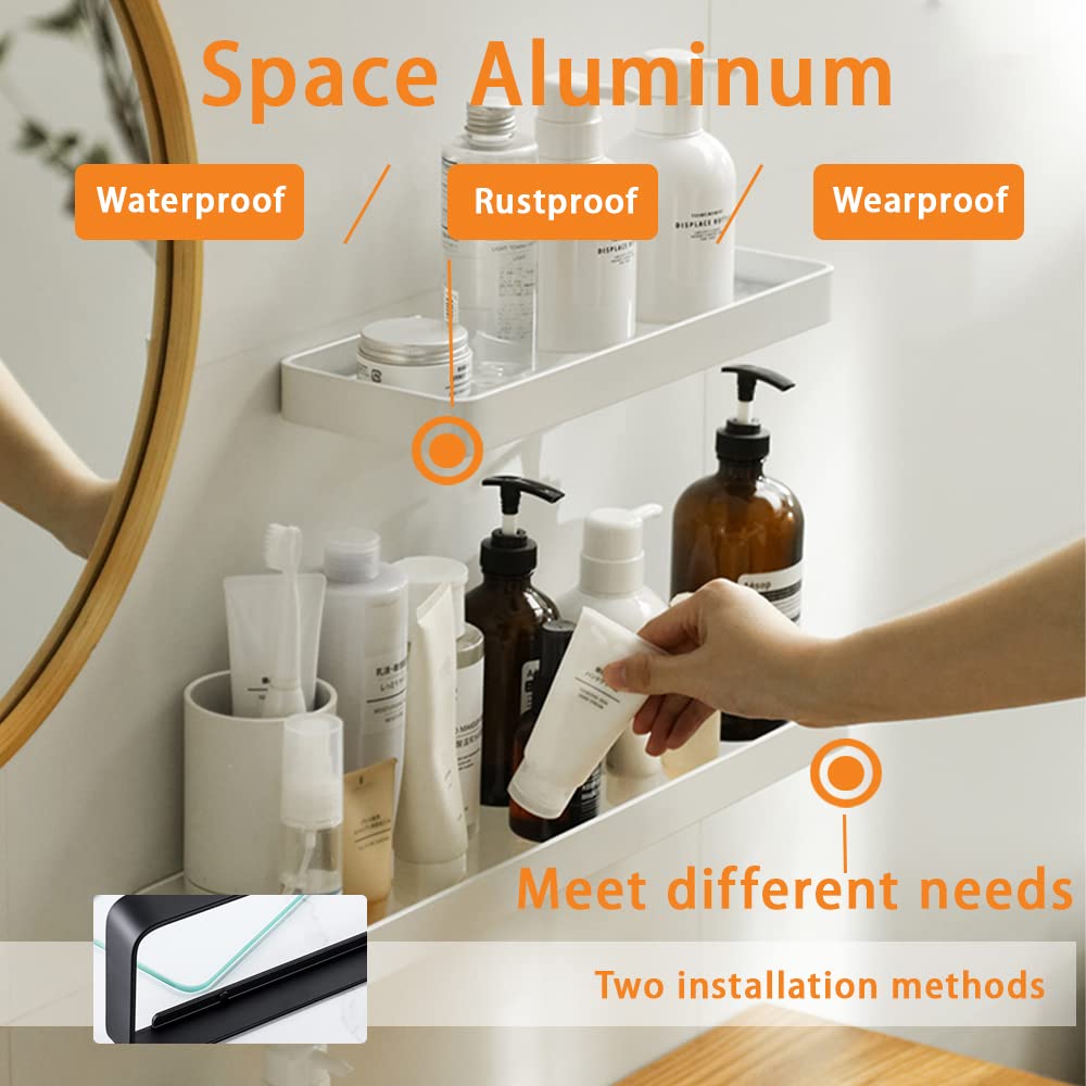 Biutimarden Bathroom Shelf Rectangular No Drilling Wall Mounted Tempered Glass Shower Caddy Space Aluminum Rustproof Storage Organizer for Bathroom
