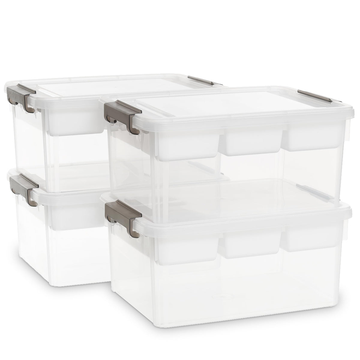 Citylife 4 Packs 16L Plastic Storage Boxes with Removable Tray Clear Plastic Box large Storage Box with Lid Stackable Storage Boxes for Organizing