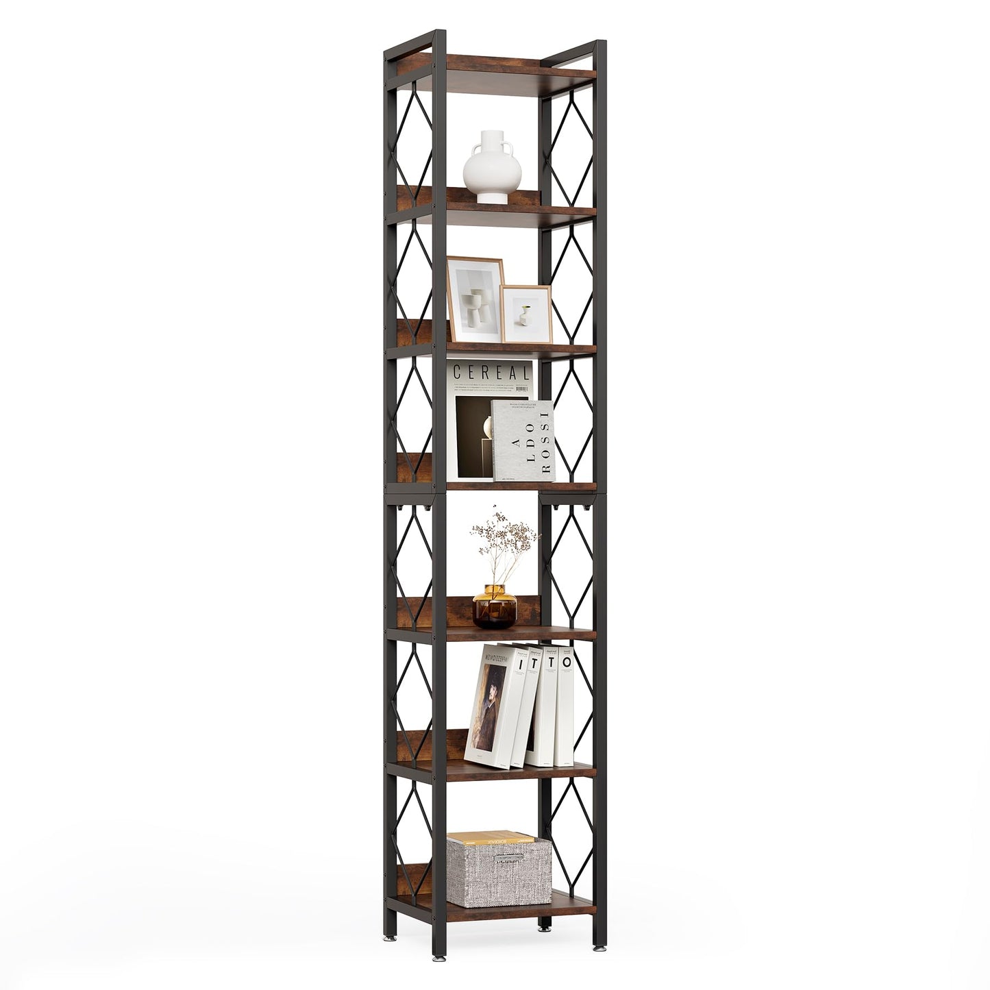 LITTLE TREE 7-Tier Bookcase, Bookshelf, Metal Shelving Unit, 35 x 35 x 200 cm, Industrial, Tall Freestanding Bookcases for Living Room, Home Office
