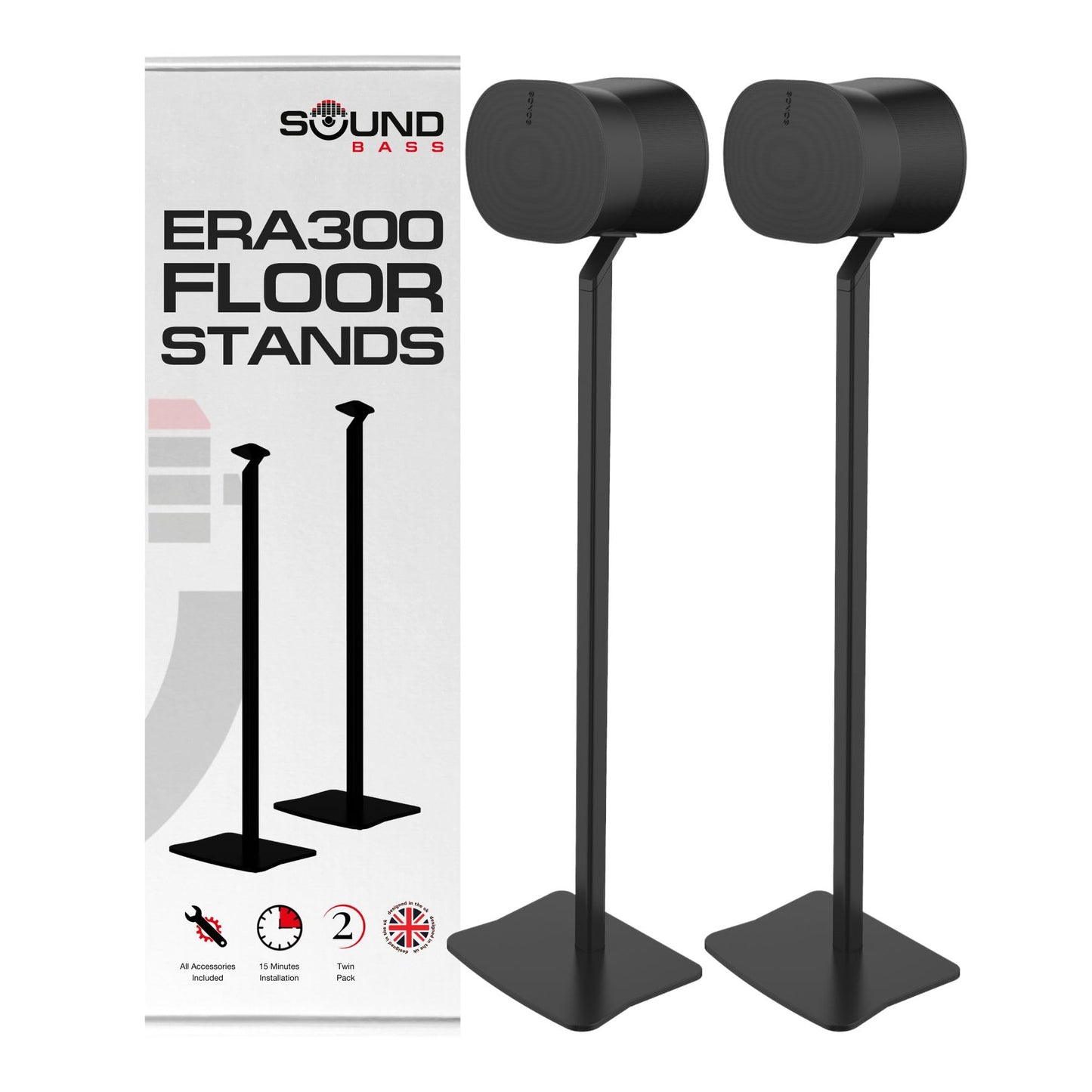 ERA300 Floor Stand, Premium Metal Design, Twin Pack (2pcs), Black, Compatible with Sonos ERA 300 Speaker, Accessories Included, Cable Management,