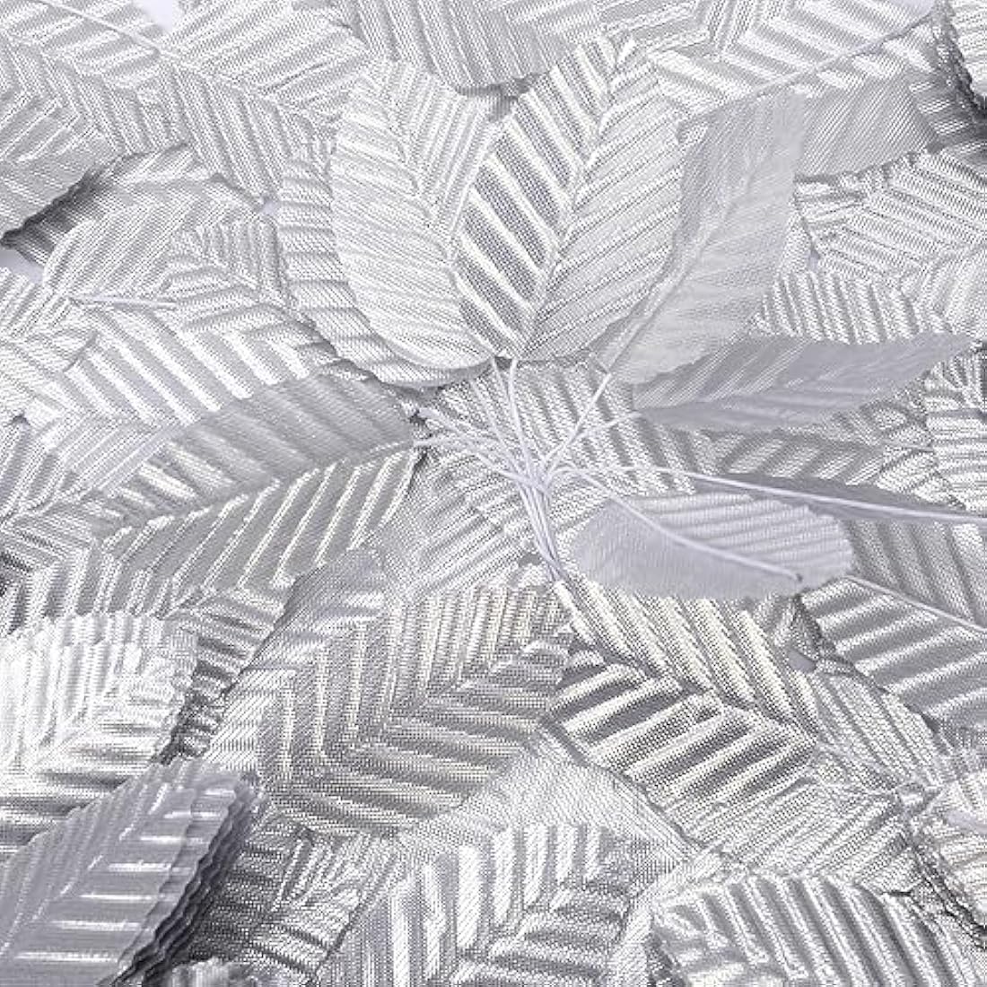 MWOOT 200Pcs Artificial Rose Leaves, Fake Single Leaf for Crafts, Silver Faux Silk Leaves for DIY Cake Bouquet Wreaths Christmas Wedding Party Festival Table Decoration, Wired Silver Leaves