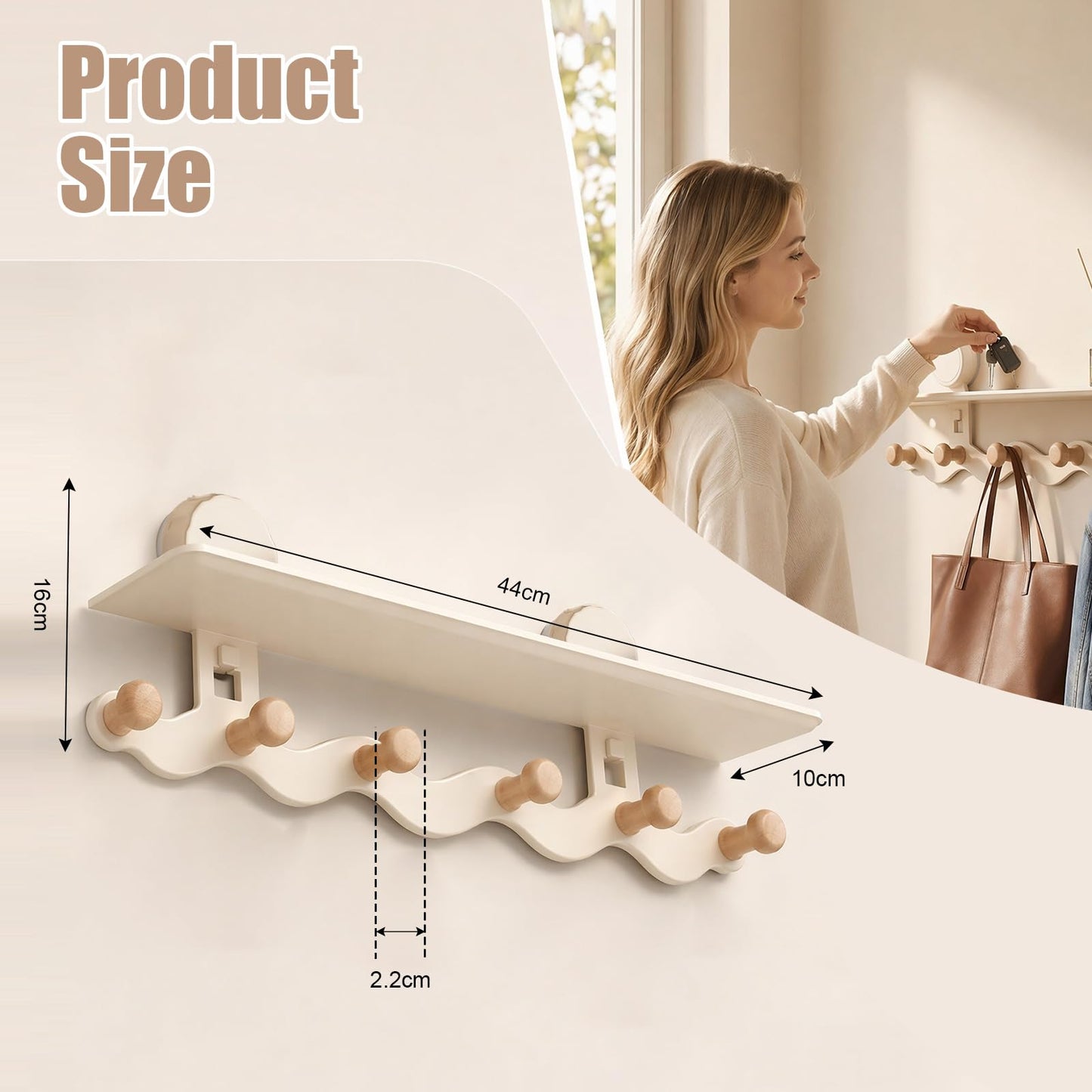 Coat Hooks Wall Mounted - Cream Coat Rack with Shelf & 6 Hooks, No-Drilling Suction Wall Mounted Jacket Hanger
