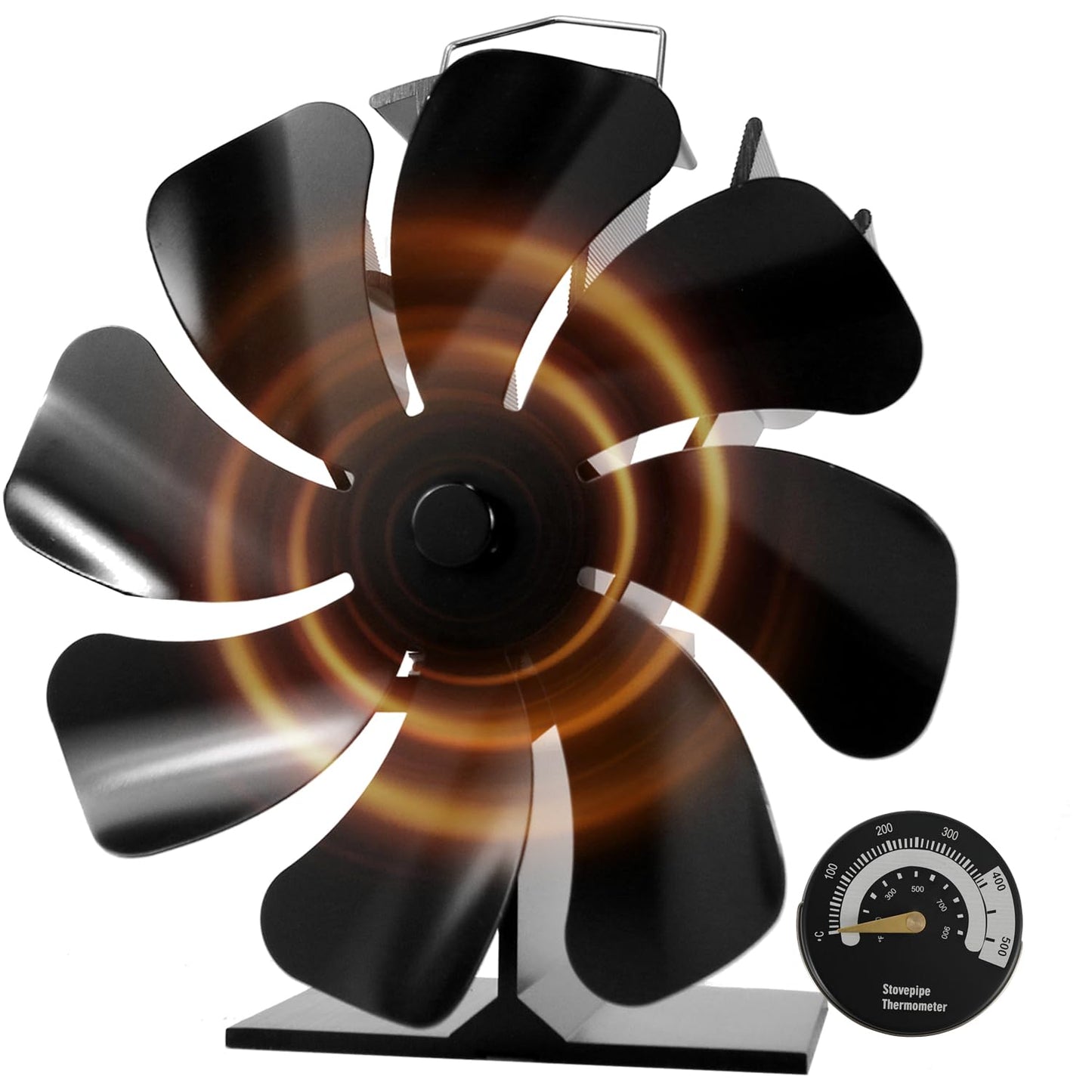 HAWCAFU Log Burner Stove Fan 8-Blade Silent Operation Fireplace Fan Wood Burner Heat Powered Fire Fans with Thermometer for Wood Burning