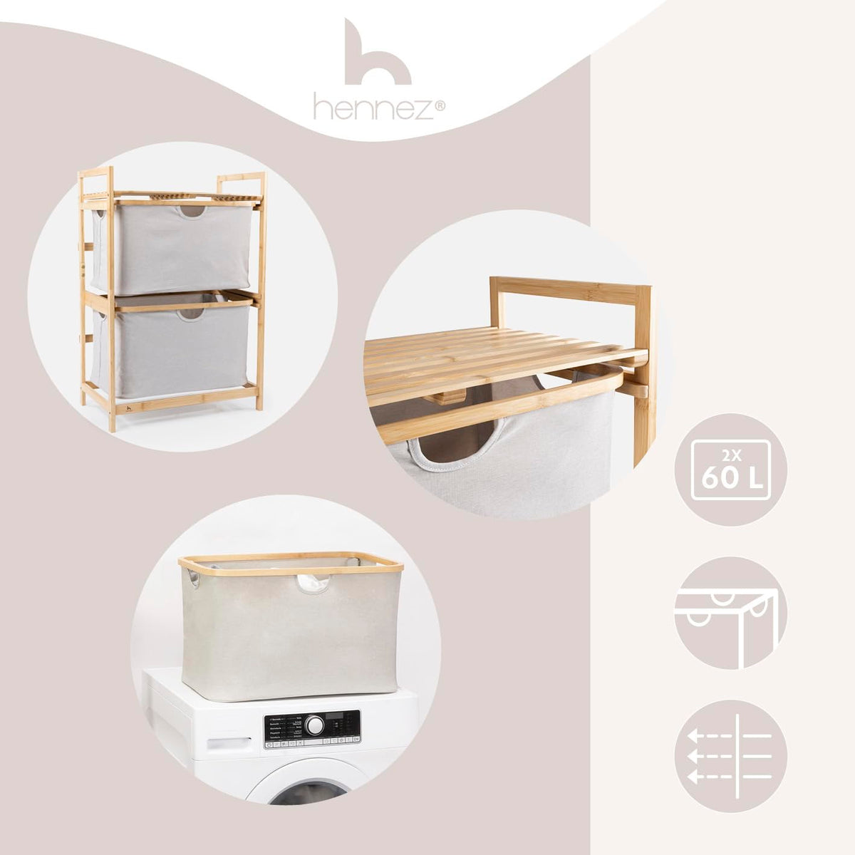 HENNEZ Bathroom Shelf, 2 Compartments, Bamboo Shelf with Shelf and 2 Baskets, Bathroom Shelf with Drawer Boxes, Standing Shelf
