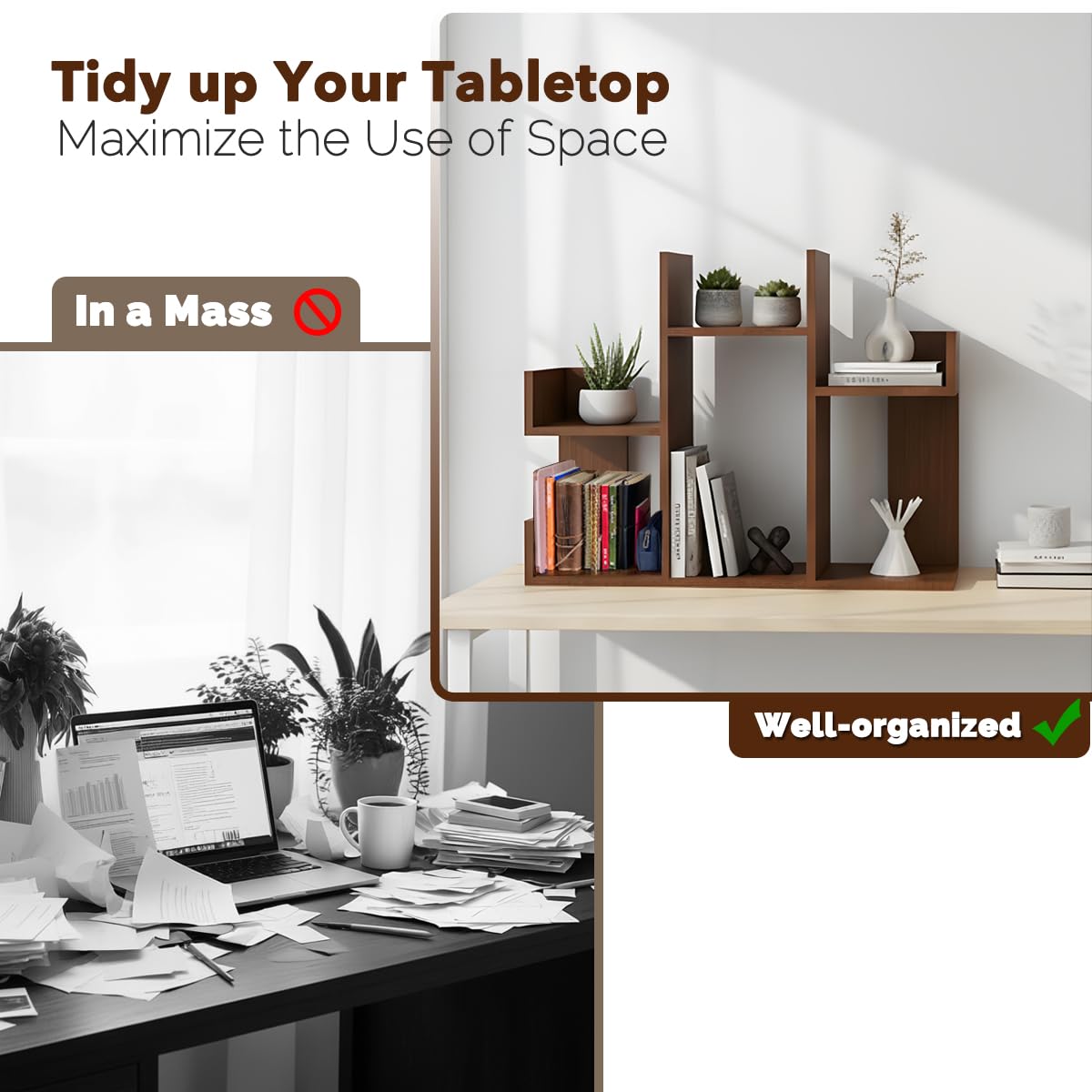 佳木の家 Desktop Wooden Storage and Display Shelf 56x47cm – Bookcase & Spice Rack for Home, Kitchen, Office