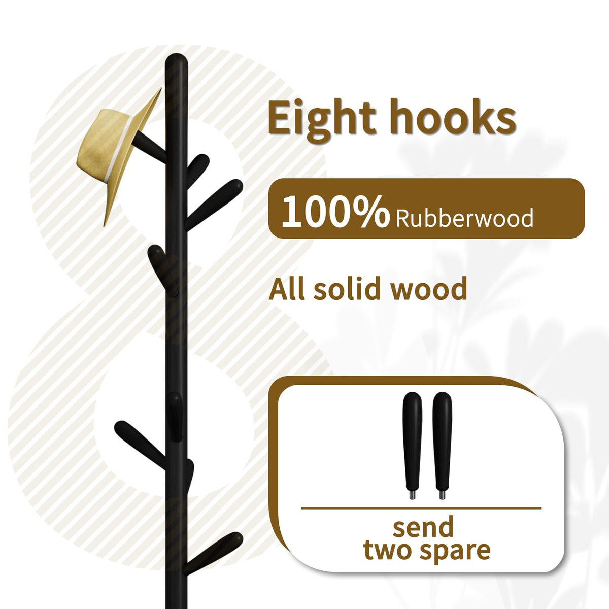 Awatiwa Solid Wood Square Base Coat Rack, Free Standing Hall Coat Tree with 8 Hooks（+2 spare for Coats, Hats, Bags, Purses, for Entryway, Hallway