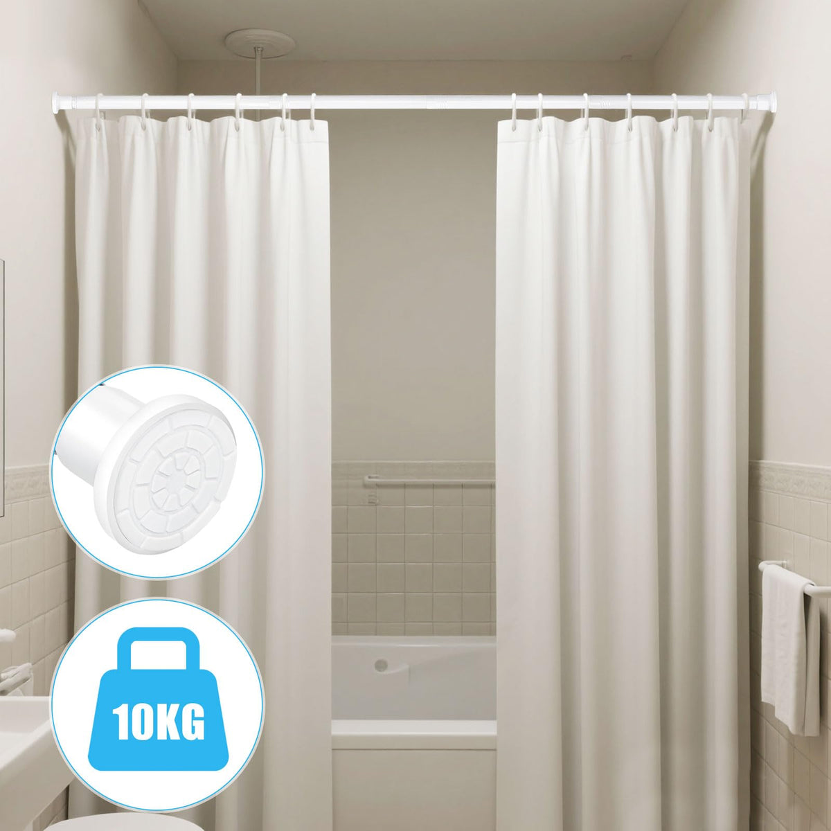 White Shower Curtain Bar Without Drills Adjustable Curtain Rods 71-199cm Non-Slip Telescopic Curtain Clamping Rod Stainless Steel Clamping Rod for