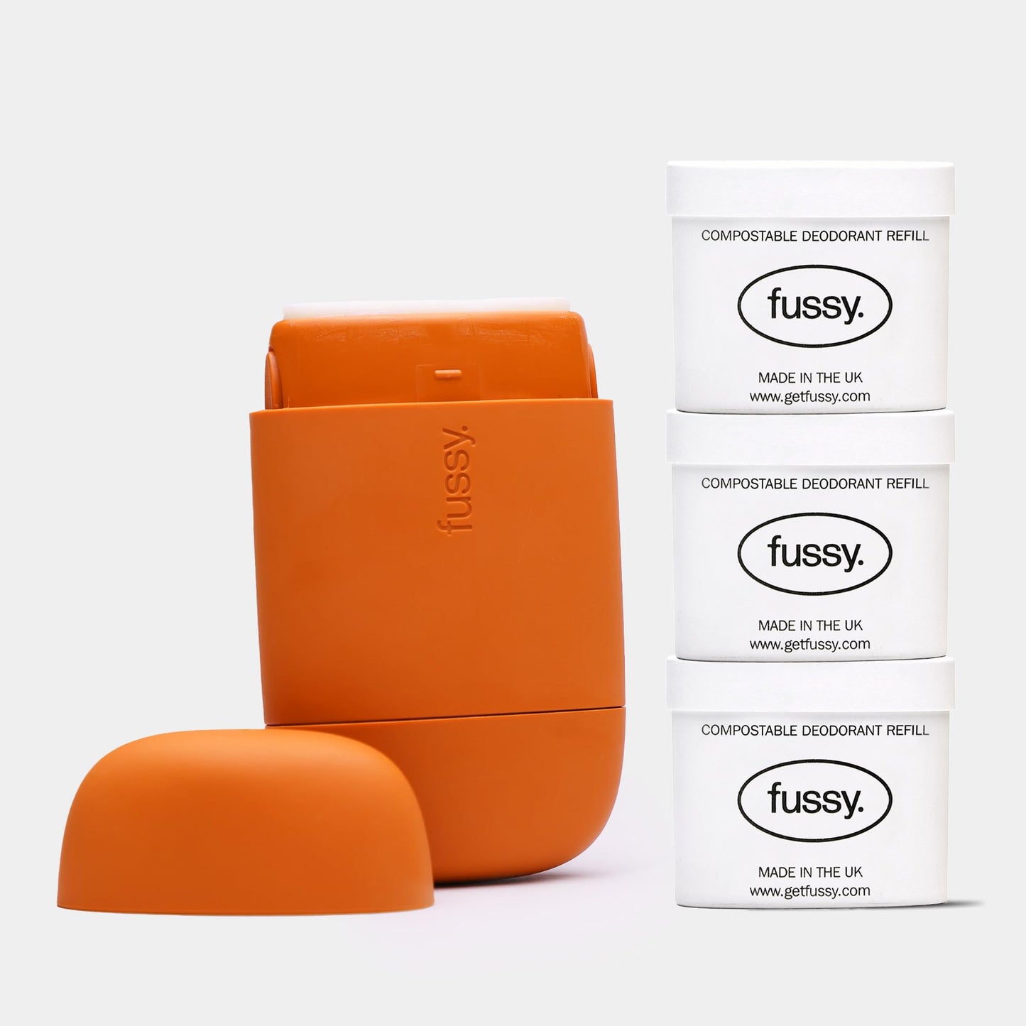 Fussy - Natural Refillable Deodorant - Aluminium Free - 24 Hour Protection - Citrus Scent (3 x 40g) & Burnt Orange Case - Mandarin, Grapefruit &