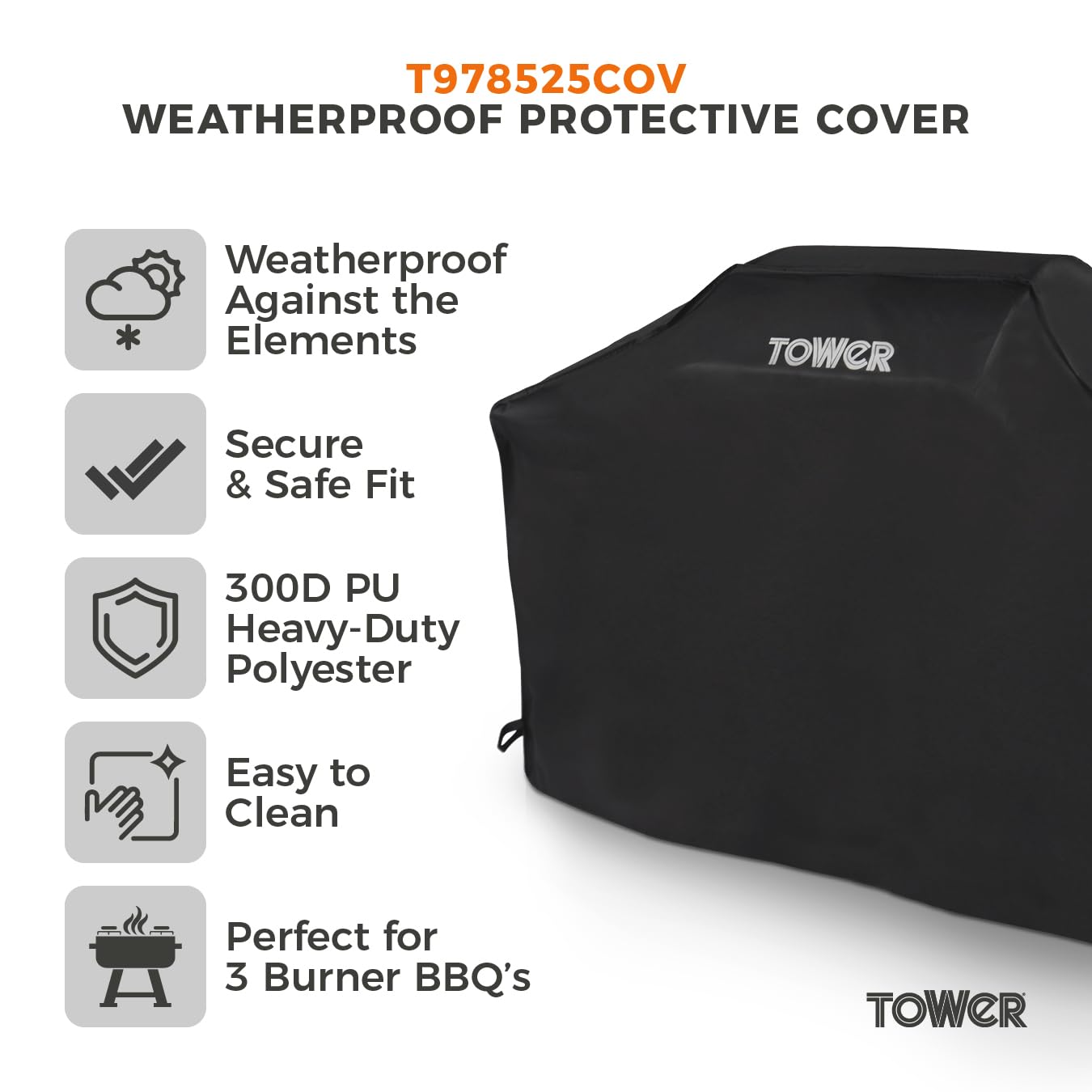 Tower Large BBQ Cover - Heavy-Duty Waterproof & Windproof Outdoor Gas Grill Cover, UV Resistant, Black (H124 x W140 x D47cm)