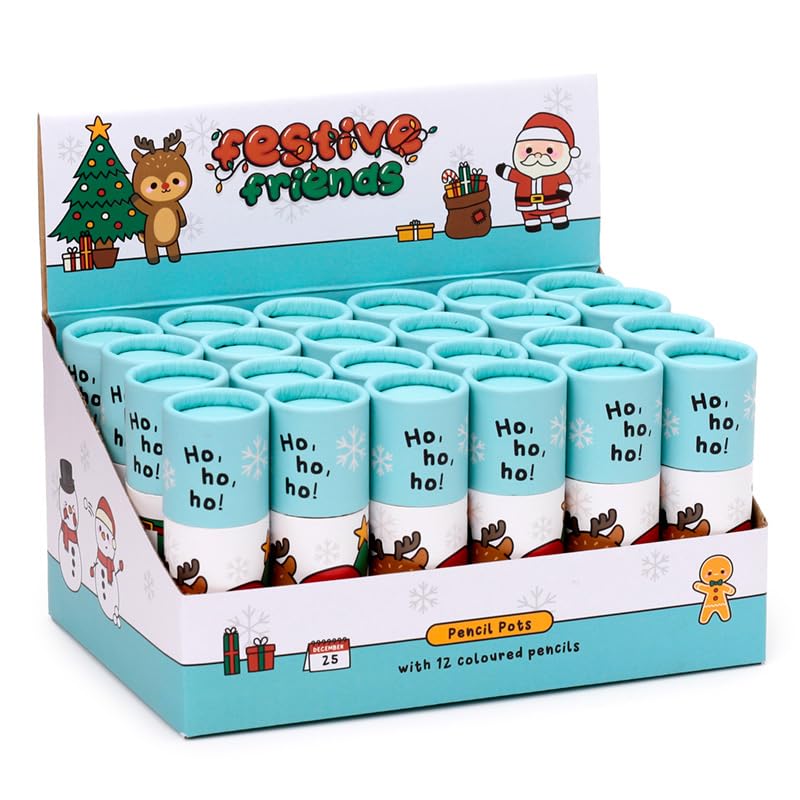 Puckator Christmas Festive Friends Pencil Pot with 12 Colouring Pencils - Cute Stationary - Coloured Pencils School Stationary Pencil Roll Colouring Pencil Color pencils Coloured Pencils for Adults
