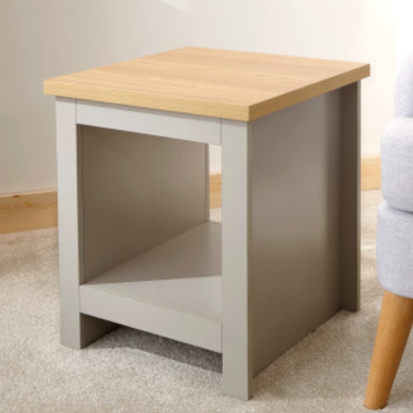 GFW Lancaster Grey and Oak Side Table with Shelf, Country Style Lamp Table, Living Room End Table with Storage Shelf