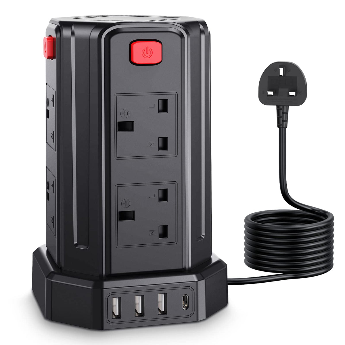 Tower Extension Lead 5M, [13A 3250W] Multi Plug Extension,8 AC Outlets & 4 USB (1 Type C and 3 USB Ports) Surge Protector Extension Lead with USB