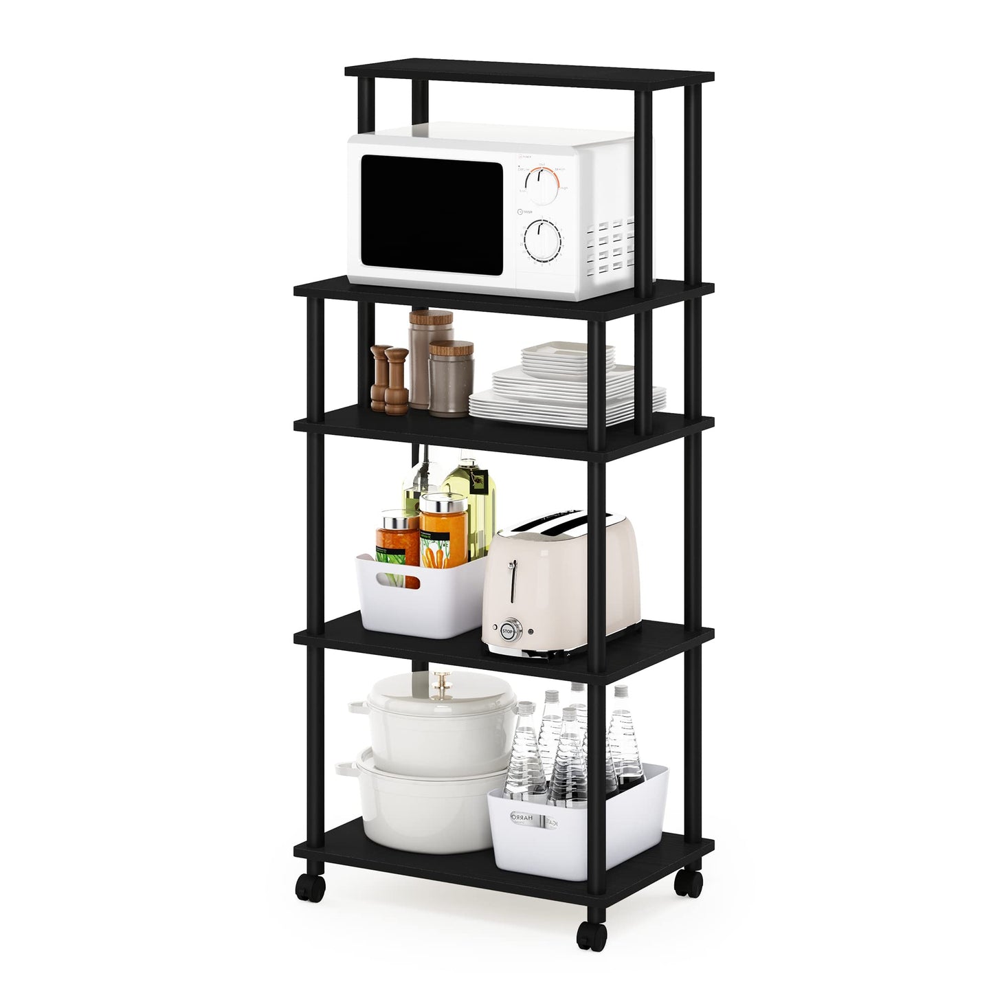 Furinno TURN-N-TUBE Bakers Rack with Wheels, 5-Tier Kitchen Storage Cart, Kitchen Cart, Coffee Bar, Pantry Organizers and Storage, Americano