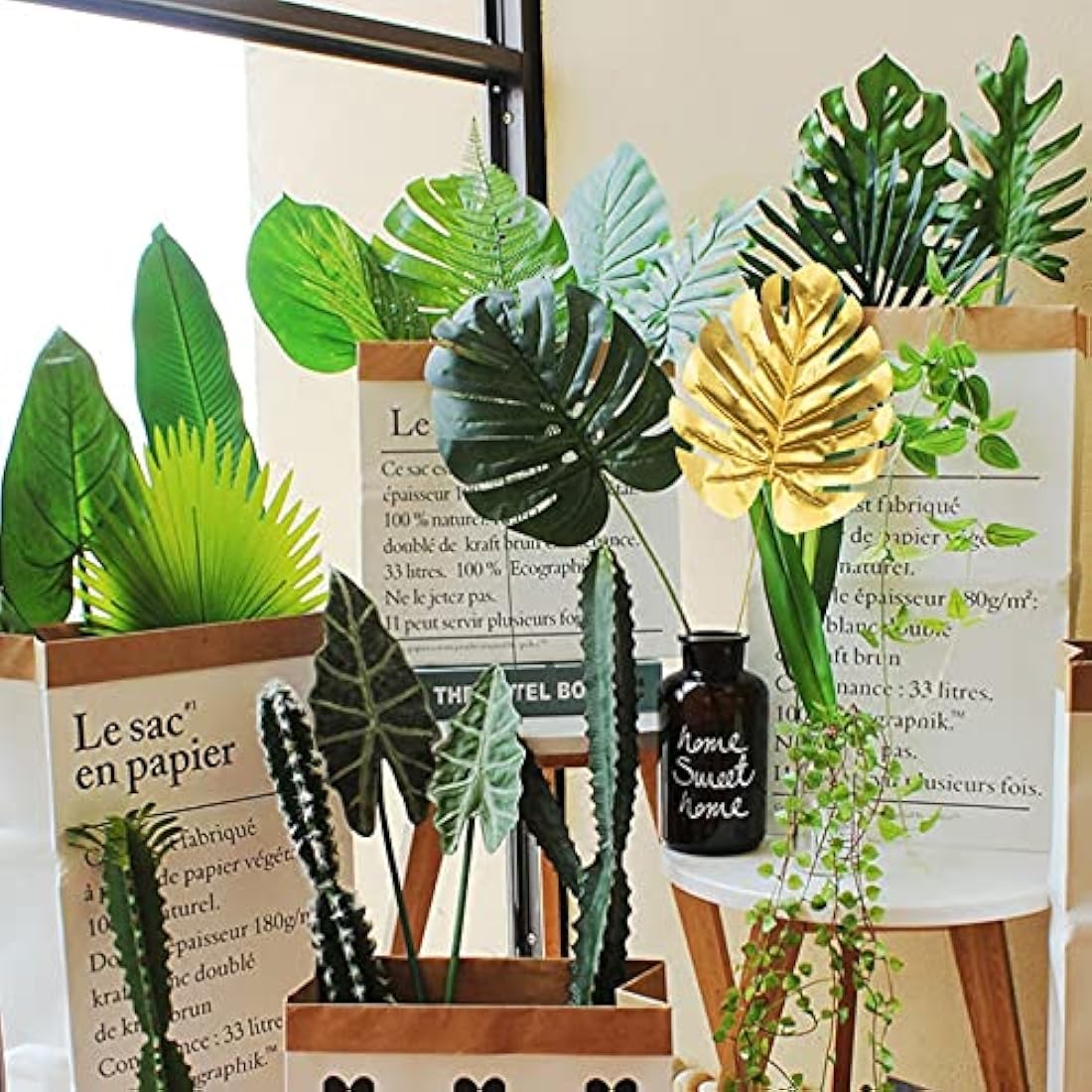 Artificial Palm Leaves, 20 Pcs Faux Monstera Leaves Golden Fake Jungle Leaf Tropical Leave with Stems for Hawaiian Jungle Theme Tropical Party Table Decorations