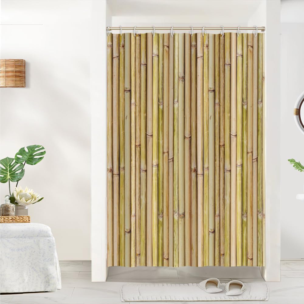 Uiiooazy Bamboo Shower Curtain, Zen Yellow Bamboo Stems Oriental Theme Bath Curtain Mildew and Mould Resistant Waterproof Polyester Fabric Washable