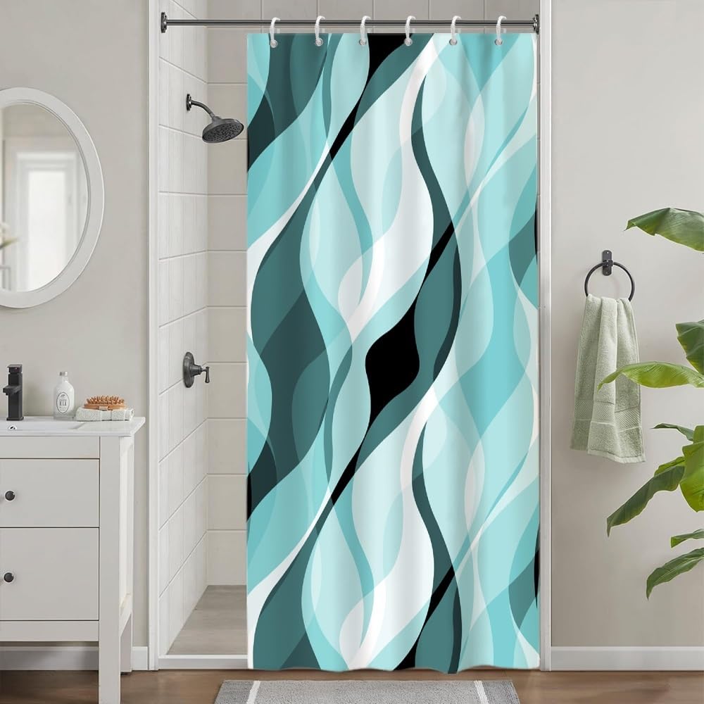 Uiiooazy Turquoise Blue Shower Curtain, Abstract Striped Geometric Lines Bath Curtain Anti-Mould Waterproof Polyester Fabric Bathroom Curtain with 6