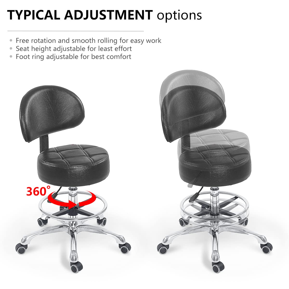 Grace & Grace Height Adjustable Rolling Swivel Stool Chair with Extra Large and Extra Thick Round Seat and Comfortable Backrest Heavy Duty Metal Base