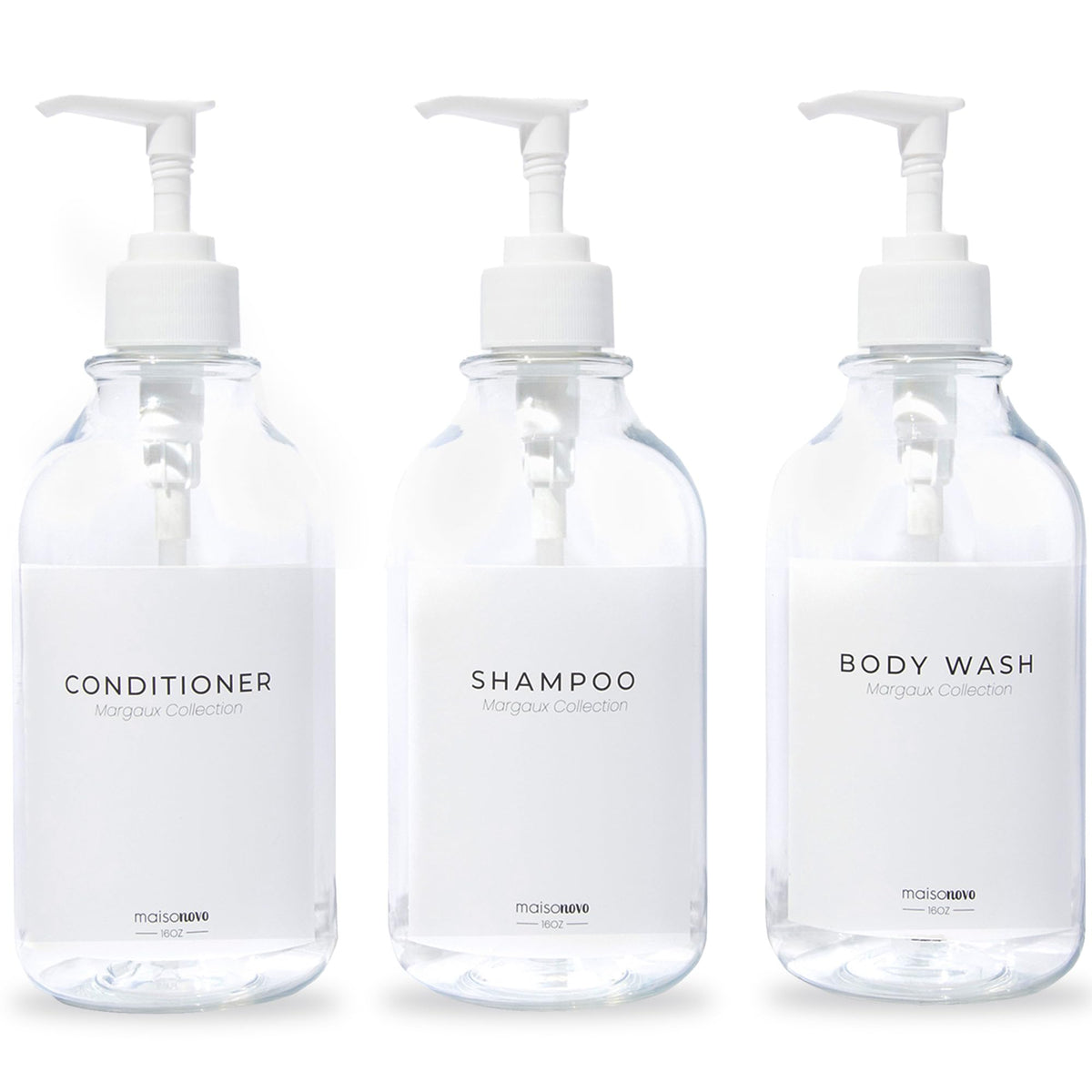 MaisoNovo Refillable Shampoo and Conditioner Bottles | 500 ml Set of 3 Clear Plastic Bottles White Pumps