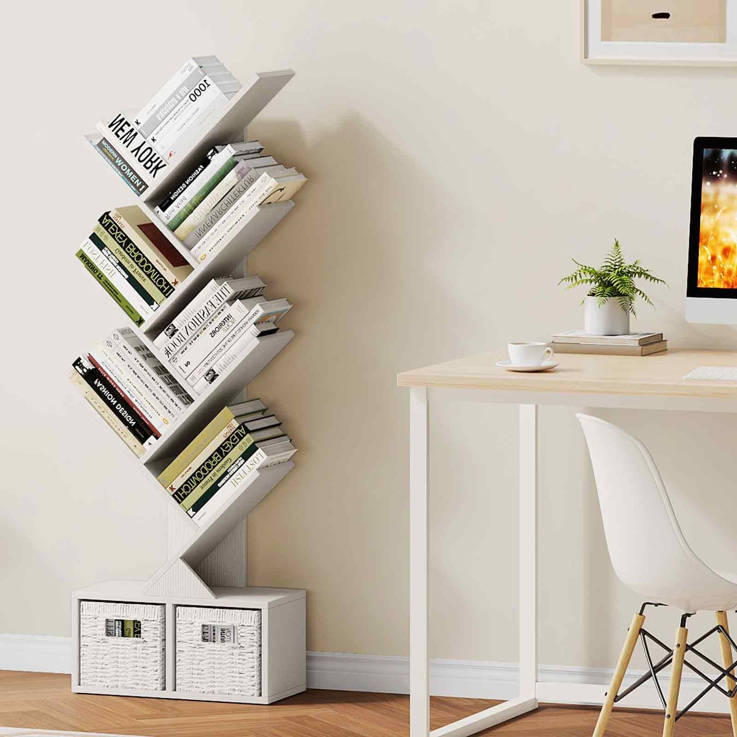 Vagusicc 6 Tier Tree Bookshelf with 2 Storage Baskets, Tall Display Shelf Organizer for Books, Magazines, Home Decor