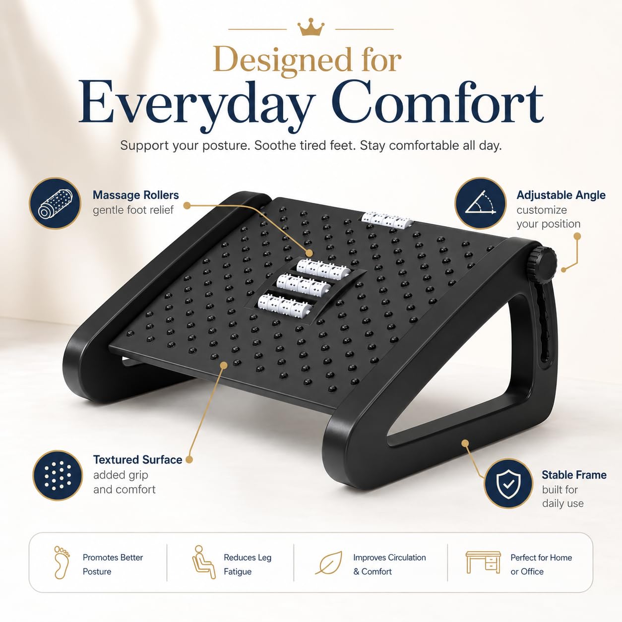 Adjustable Underdesk Footrest - Desk Foot Rest with Moveable Wheels - Foot Stool Under Desk with Large Roller Massage