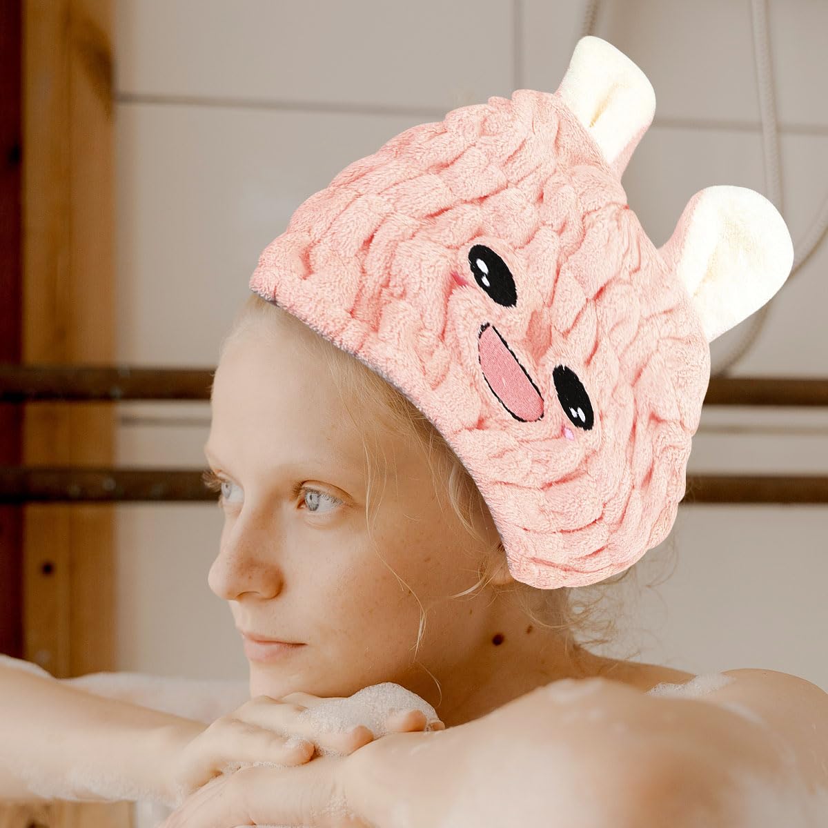 Jagowa Hair Dry Hat Wrap Towel Cute Cartoon Ear Fleece Quick Drying Bath Cap Hair Turban Cap for Women Adults or Kids Girls(Pink, White, Grey)