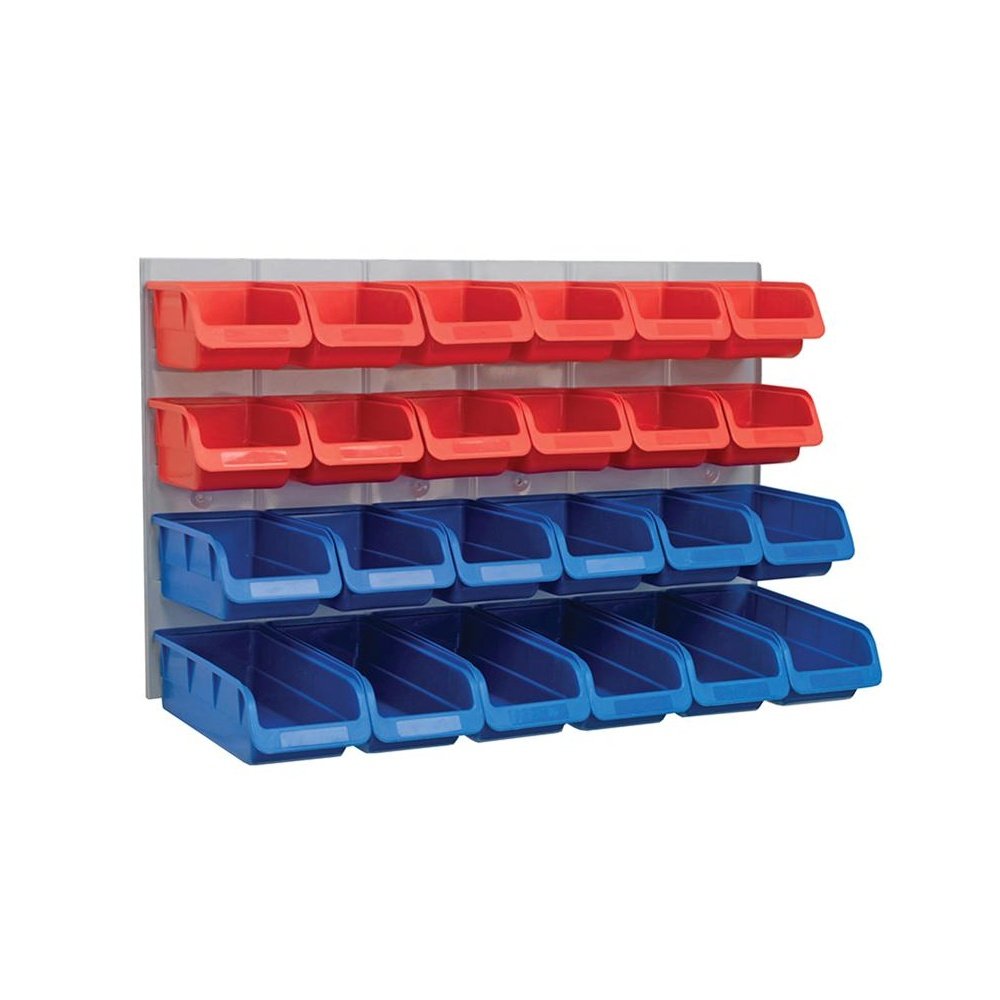 Faithfull 24 Wall Mounted Storage Bins with Metal Back Panel ? Plastic Parts Organiser for Garage, Workshop, Van or Shed ? 64 x 38 x 22cm