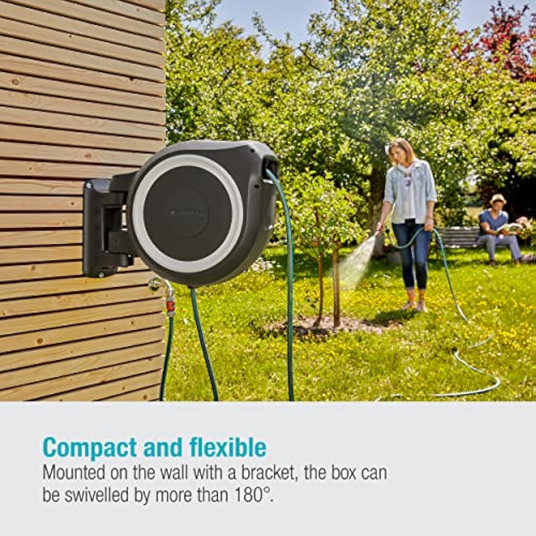Gardena Wall-Mounted Hose Box Rollup L (White) 30 m: Versatile Watering System for Large Gardens, Swivel Hose Box, Including 30 m Gardena Hose and mounting kit (18627-20)