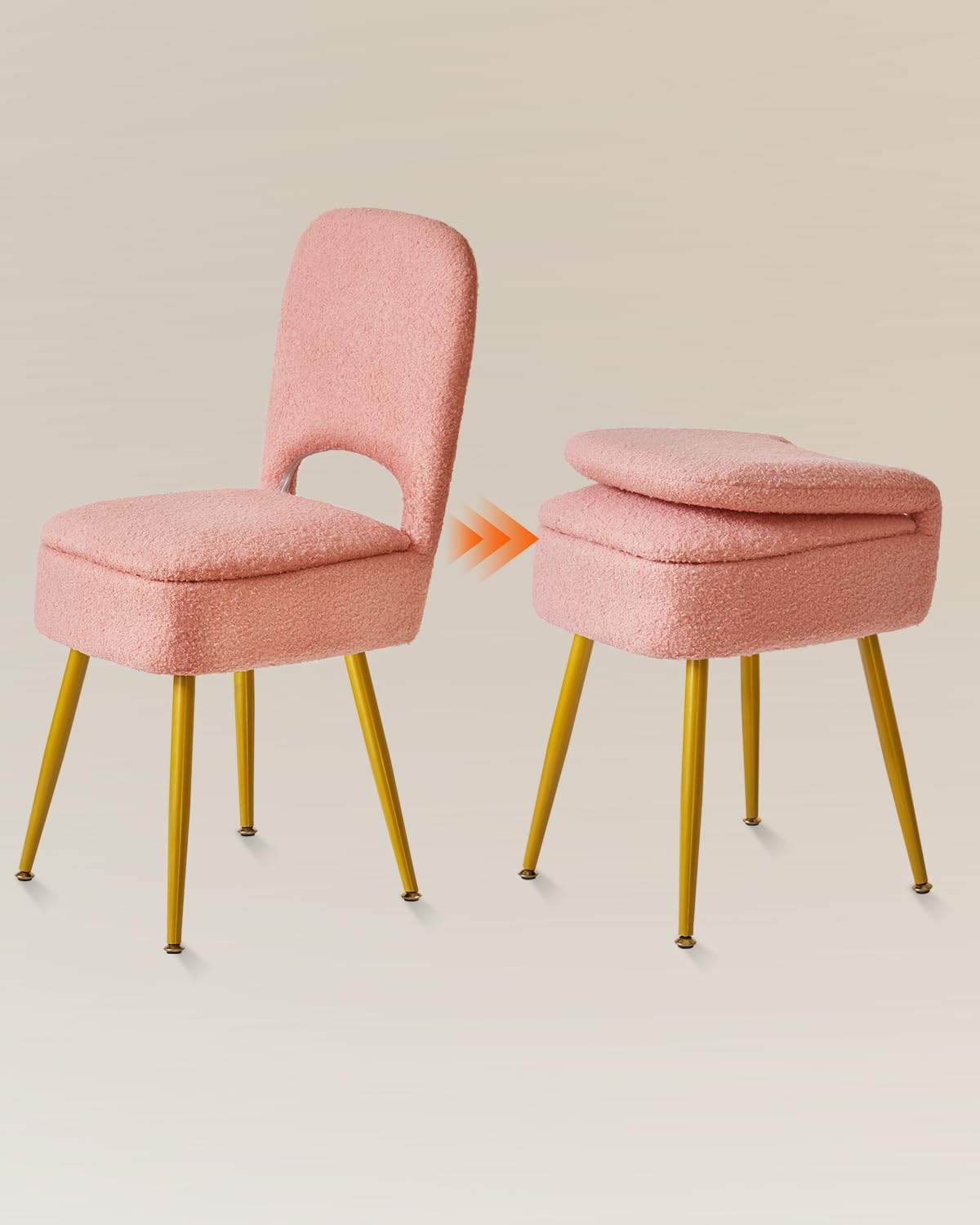 IBUYKE Storage Vanity Stool Chair with Folding Backrest, Pink WBD027P