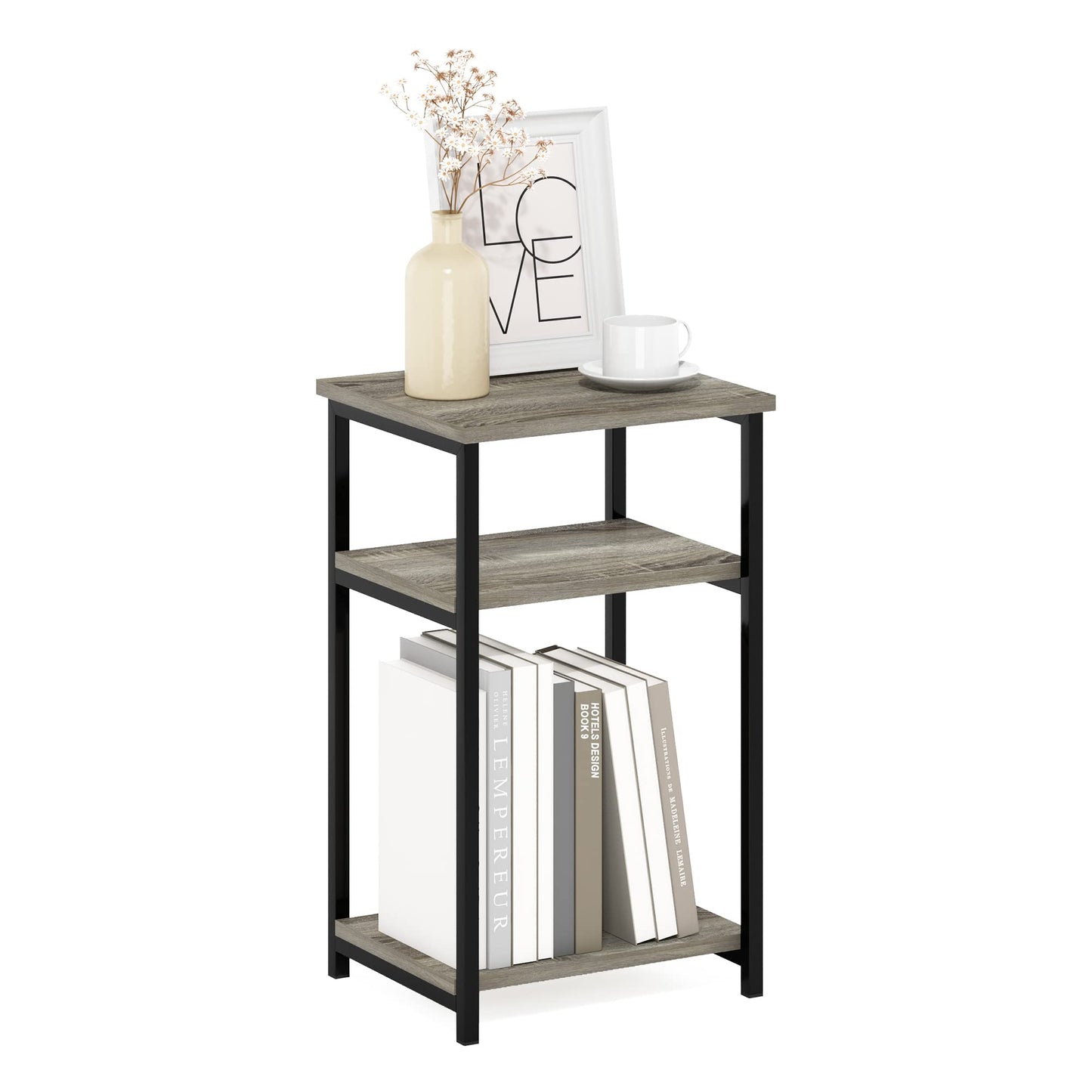 Furinno JUST Side Table, 3-Tier Metal Frame End Table with Open Shelf, Night Stand, Bedside Table, for Living Room, Bedroom, French Oak