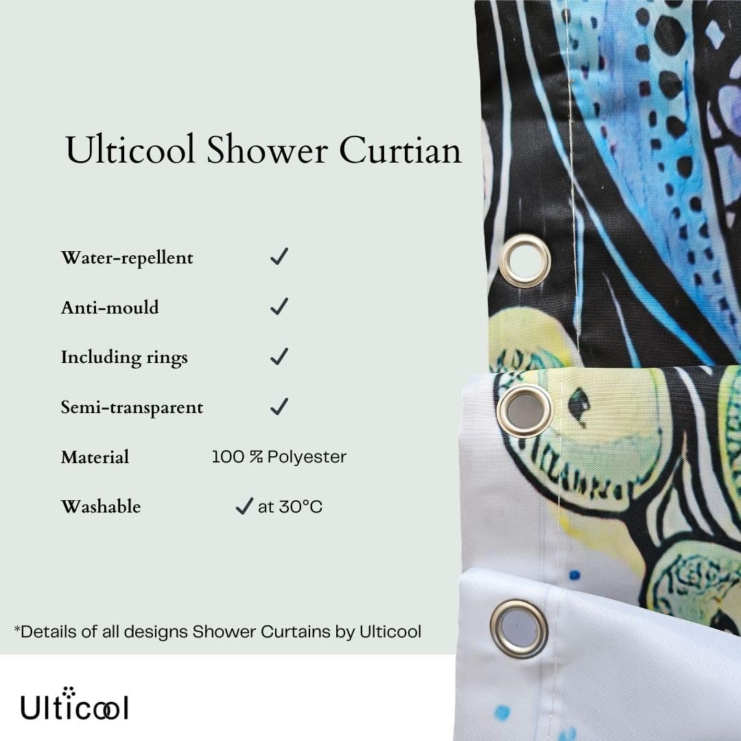 Ulticool Shower Curtain - Marble Green Blue Watercolour - 180 x 200 cm - Washable - Anti Mould - Waterproof - with 12 Rings