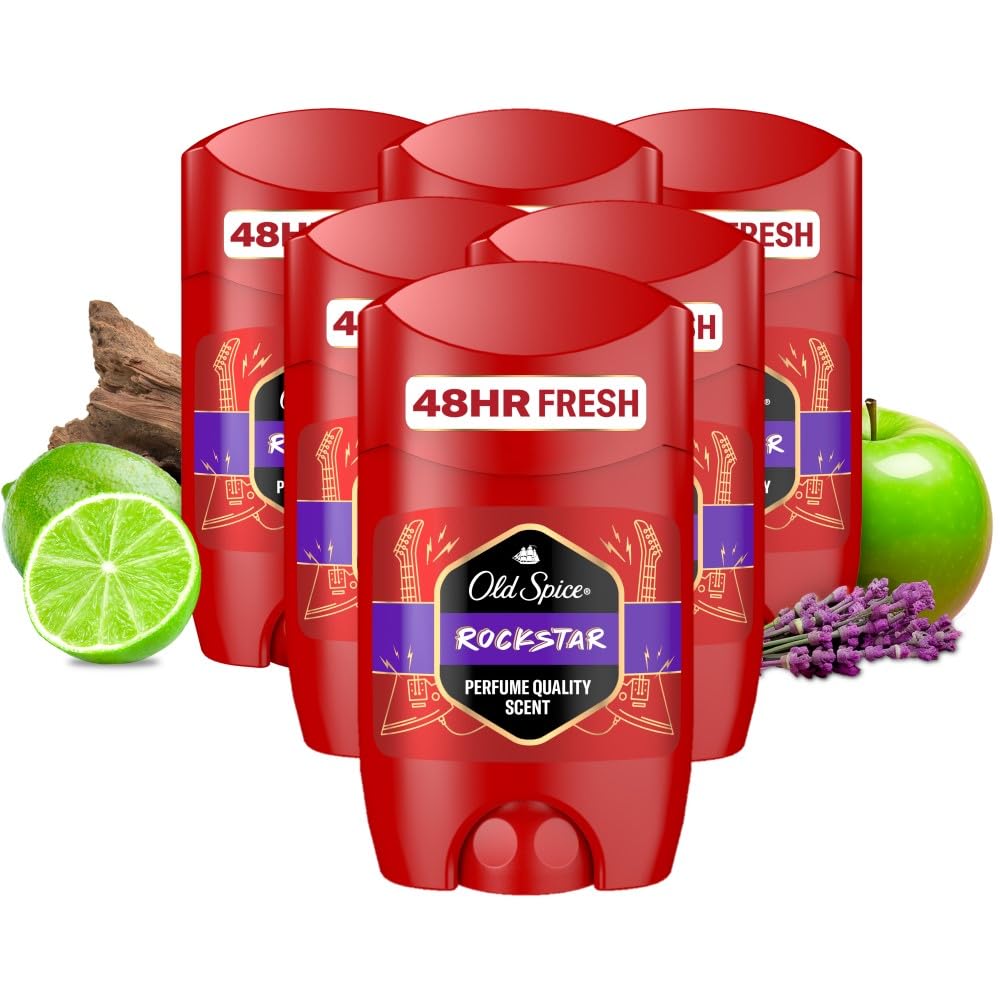 Old Spice Rockstar Deodorant Stick For Men 50ml, Aluminium Free. Long Lasting Perfume Quality Scent, 48H Fresh. Invisible on Black & White pack of 6