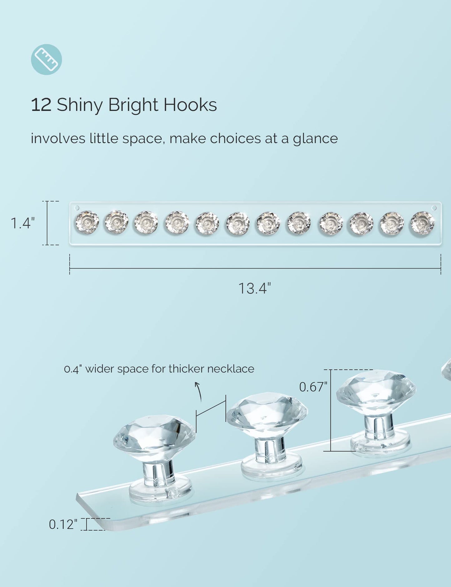 Mymazn Acrylic Necklace Holder Set of 4, Wall Mounted Jewelry Organizer Hanging with 12 Diamond Shape Hooks, Clear Necklaces Hanger