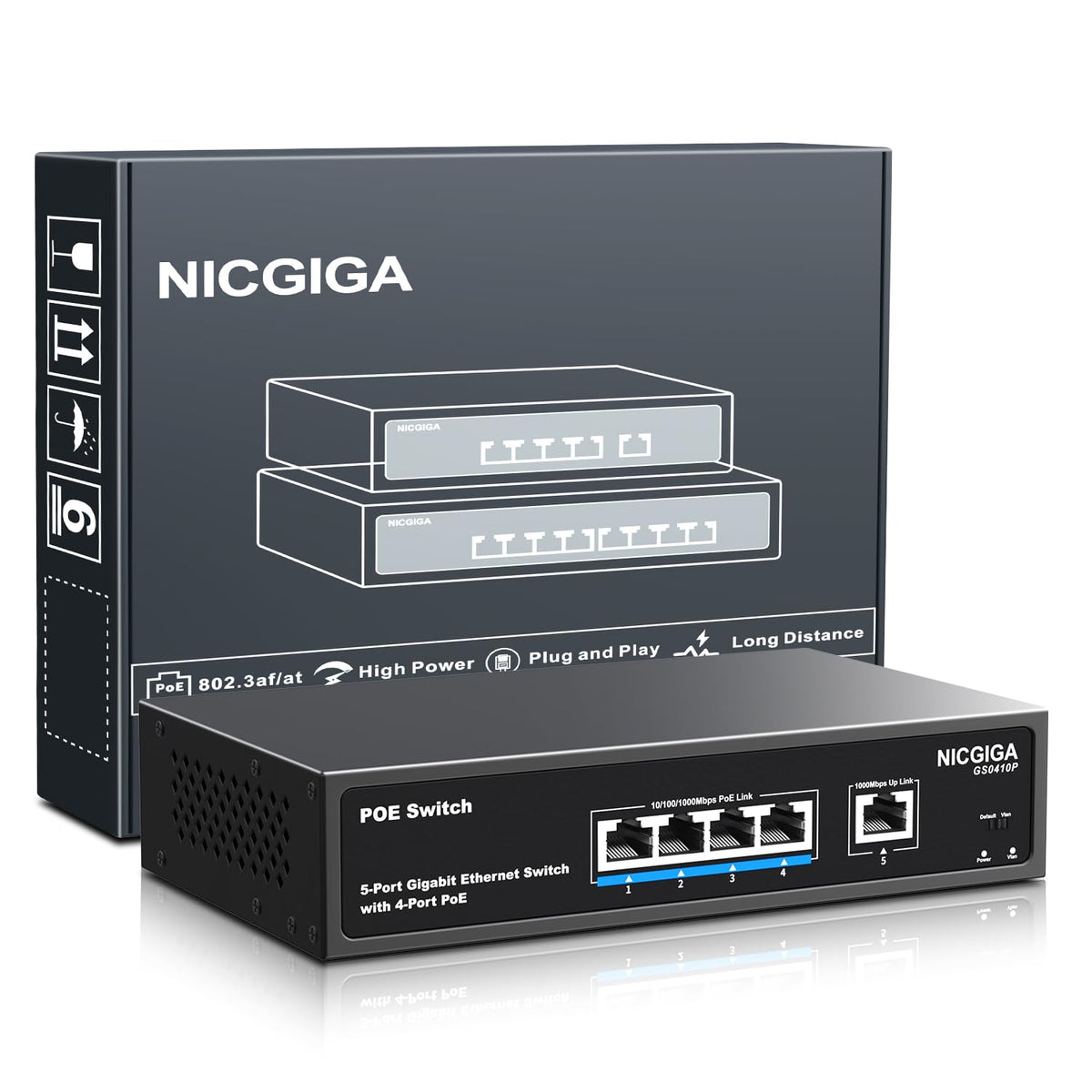 NICGIGA 4 Port Gigabit PoE Switch Unmanaged, 4x IEEE802.3af/at PoE @78W, 1x 1000Mbps Uplink, VLAN Mode, Desktop/Wall-Mount, Black Metal Case